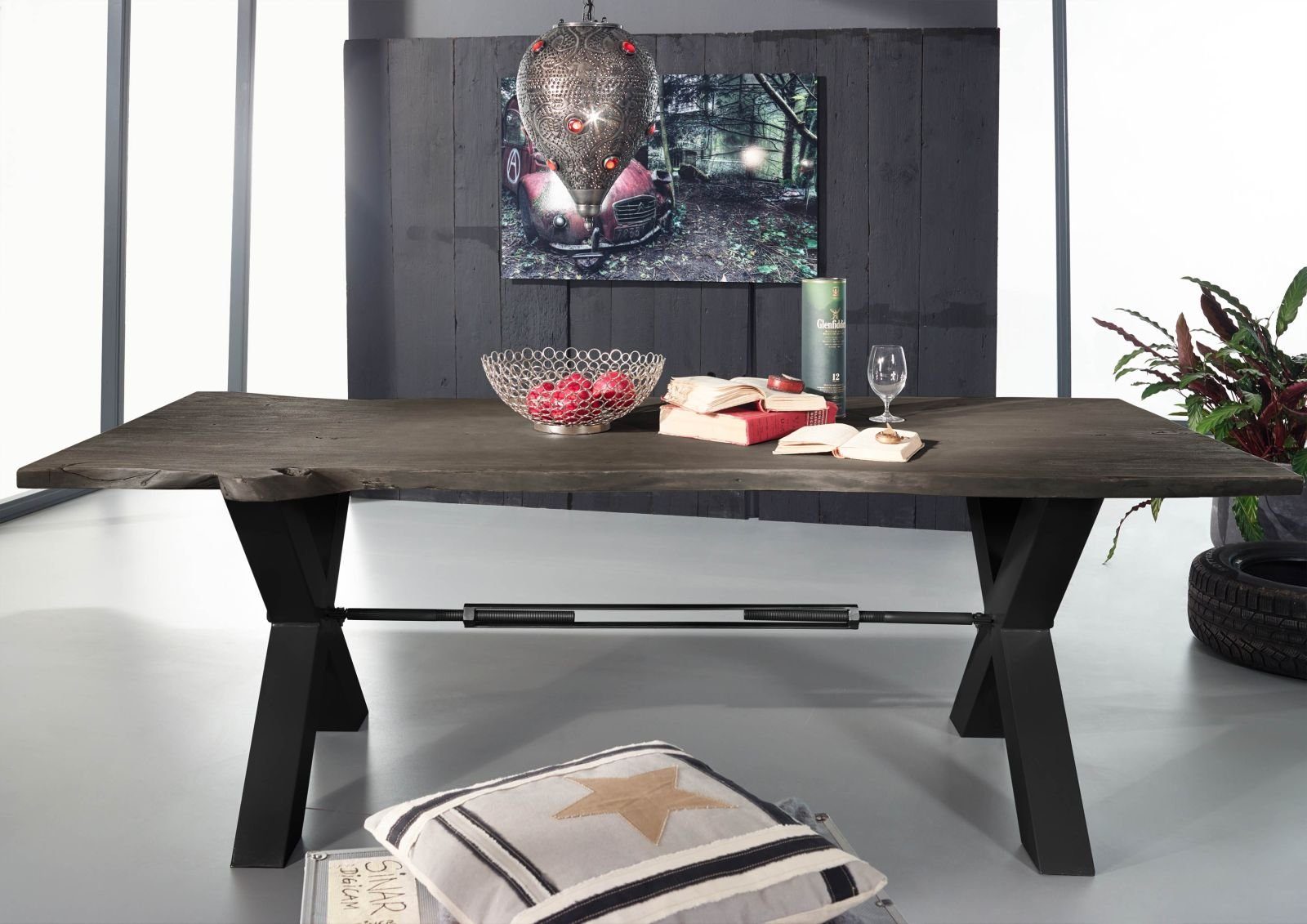 Massivmoebel24 Esstisch Esstisch Akazie 180x100x76 grau lackiert IRON LABEL #115