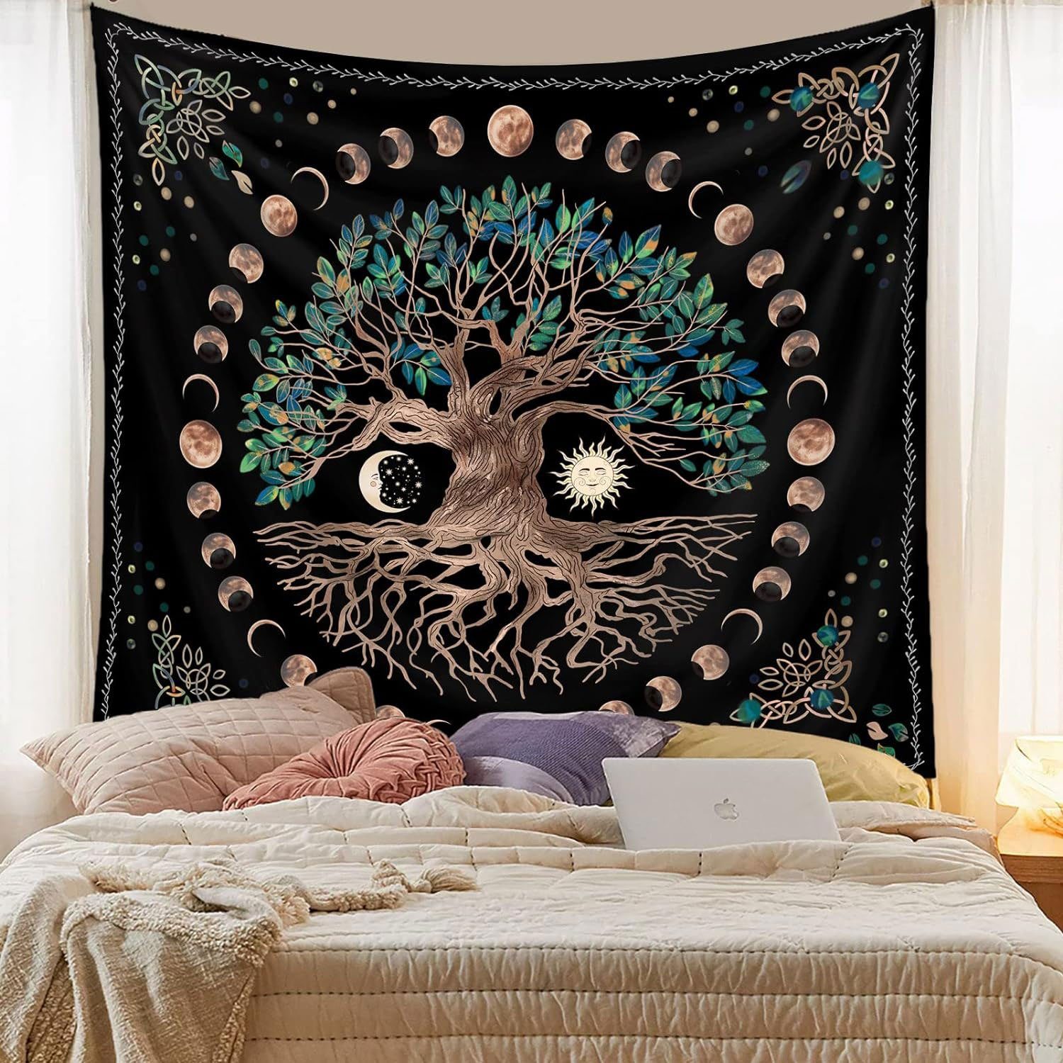 Wandteppich Baum des Lebens Wandteppiche Mondphasen,Tagesdecke Zimmer Schlafzimmer, Sarfly, 100% Polyester, Stoff weich, zum Aufhängen an der Wand geeignet.