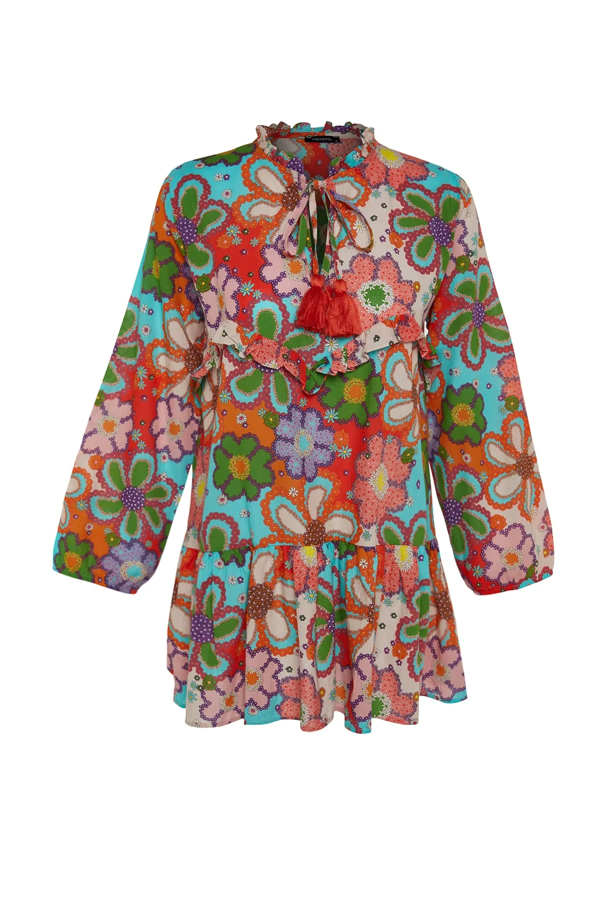 Trendyol Collection  Weit geschnittenes Mini-Strandkleid aus 100 % Baumwolle mit Blumenmuster und gewebten Quasten TBESS22EL0017