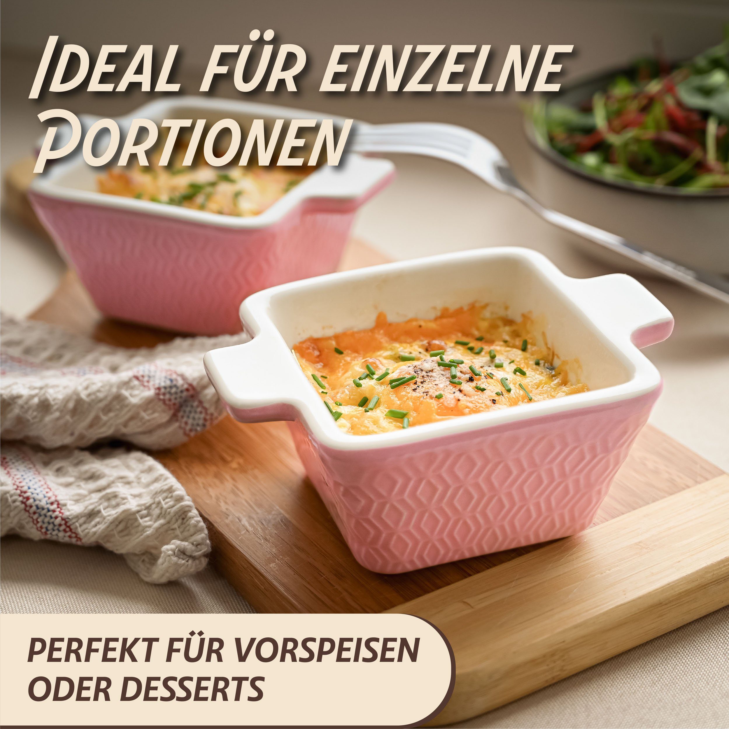 Praknu Auflaufform Klein Mini Auflaufform 1 Person - Stapelbar - Kratz und Schnittfest, Porzellan - Keramik, (4-St), Für Ofen & Airfryer geeignet - Backofenfest - Spülmaschinengeeignet
