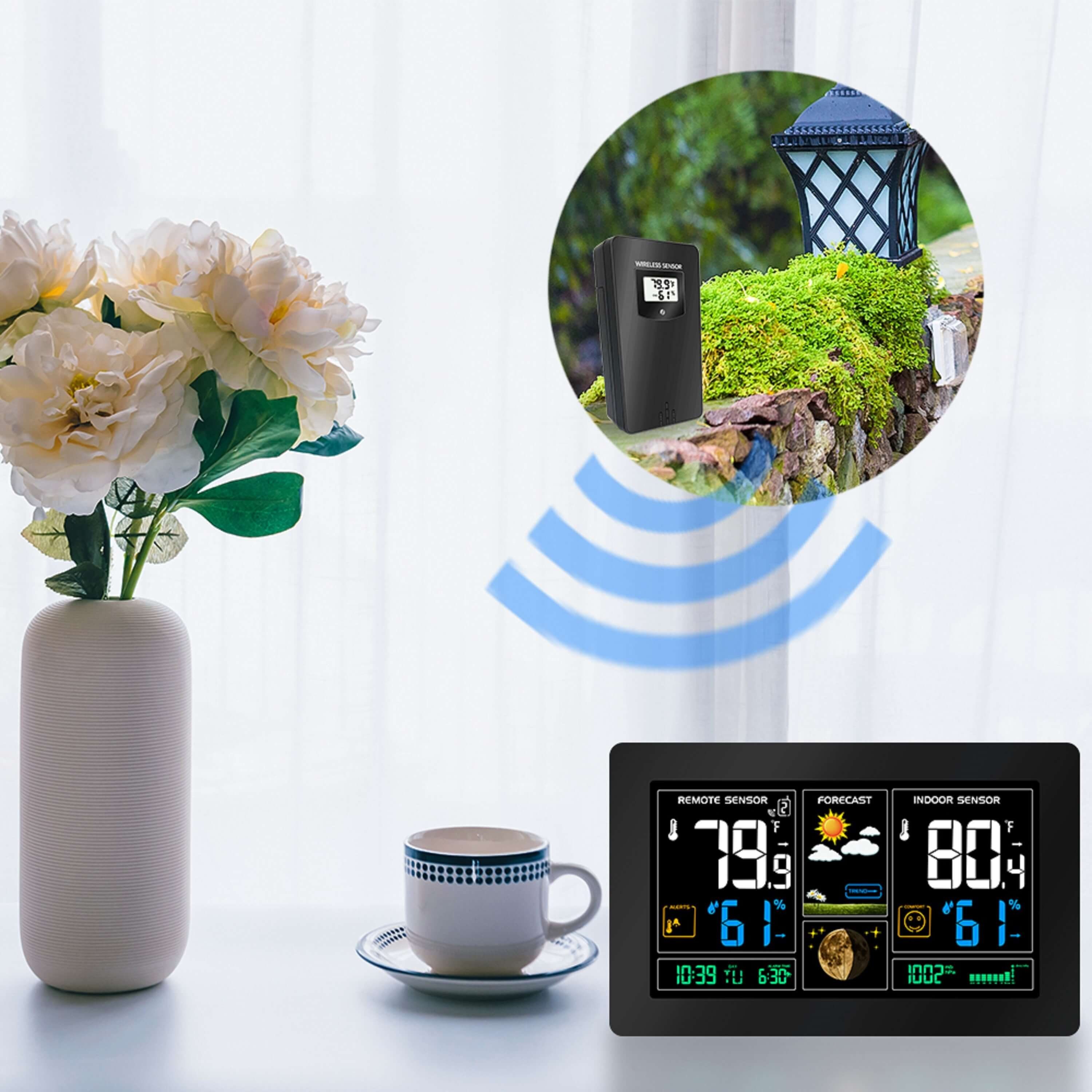 echos Eco-450 Funkwetterstation (mit Funk-Außensensor, Wettervorhersage mit Kalender, Mondphasenanzeige, Farbdisplay mit Dimmfunktion, Alarmfunktion, Funk-Außensensor mit LCD-Display)