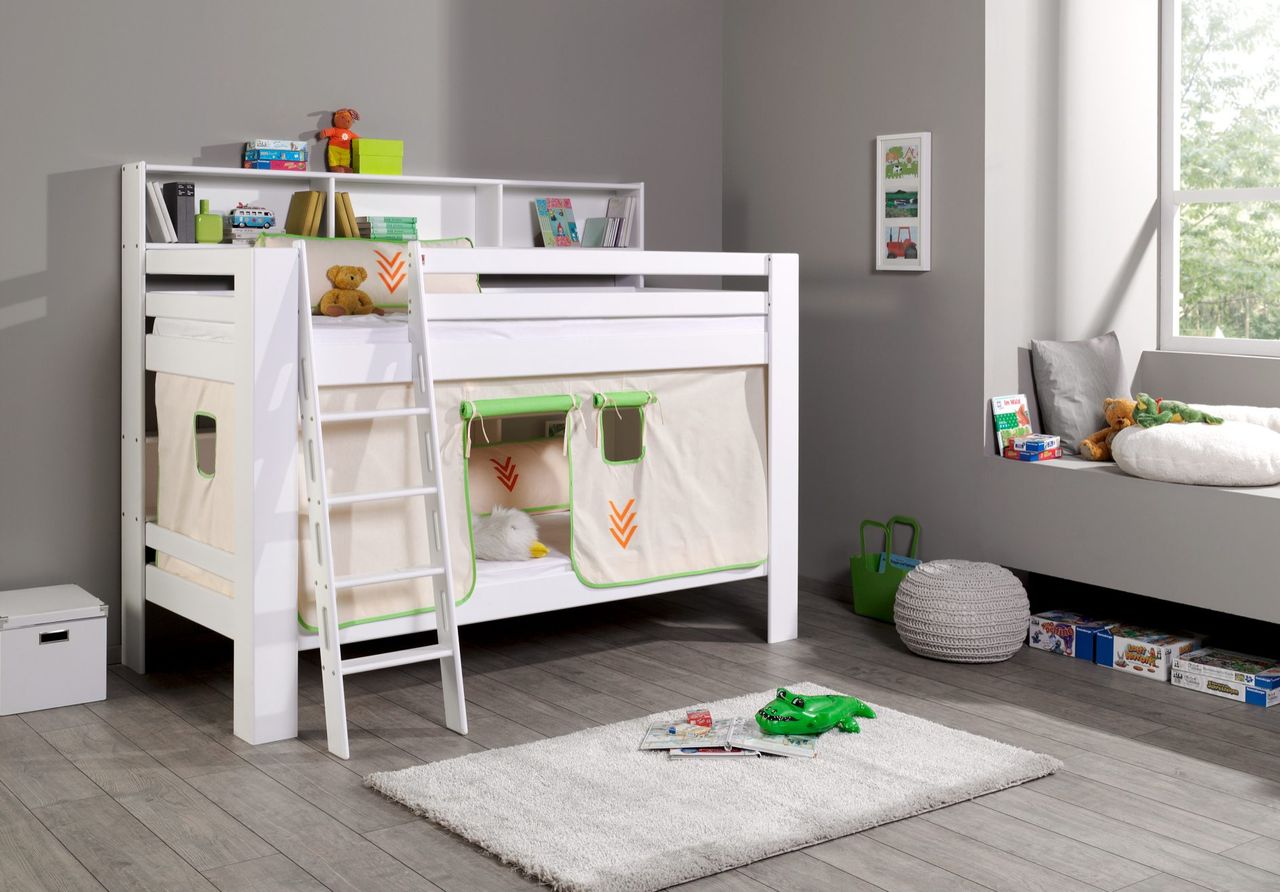 Relita Etagenbett Jan mit Bücherregal und Vorhang beige/grün