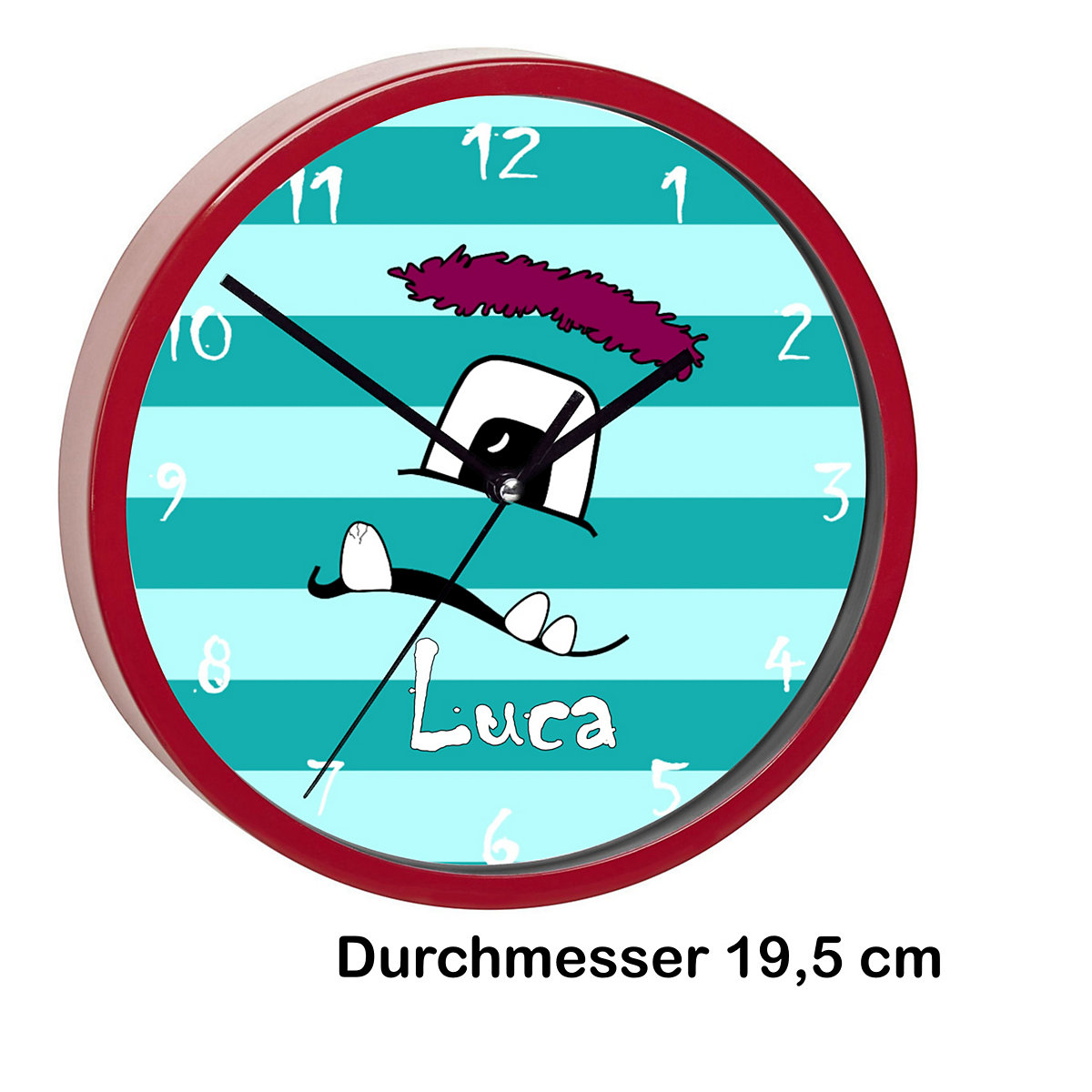 Kinder Wanduhr personalisiert mit Name Monster Streifen türkis