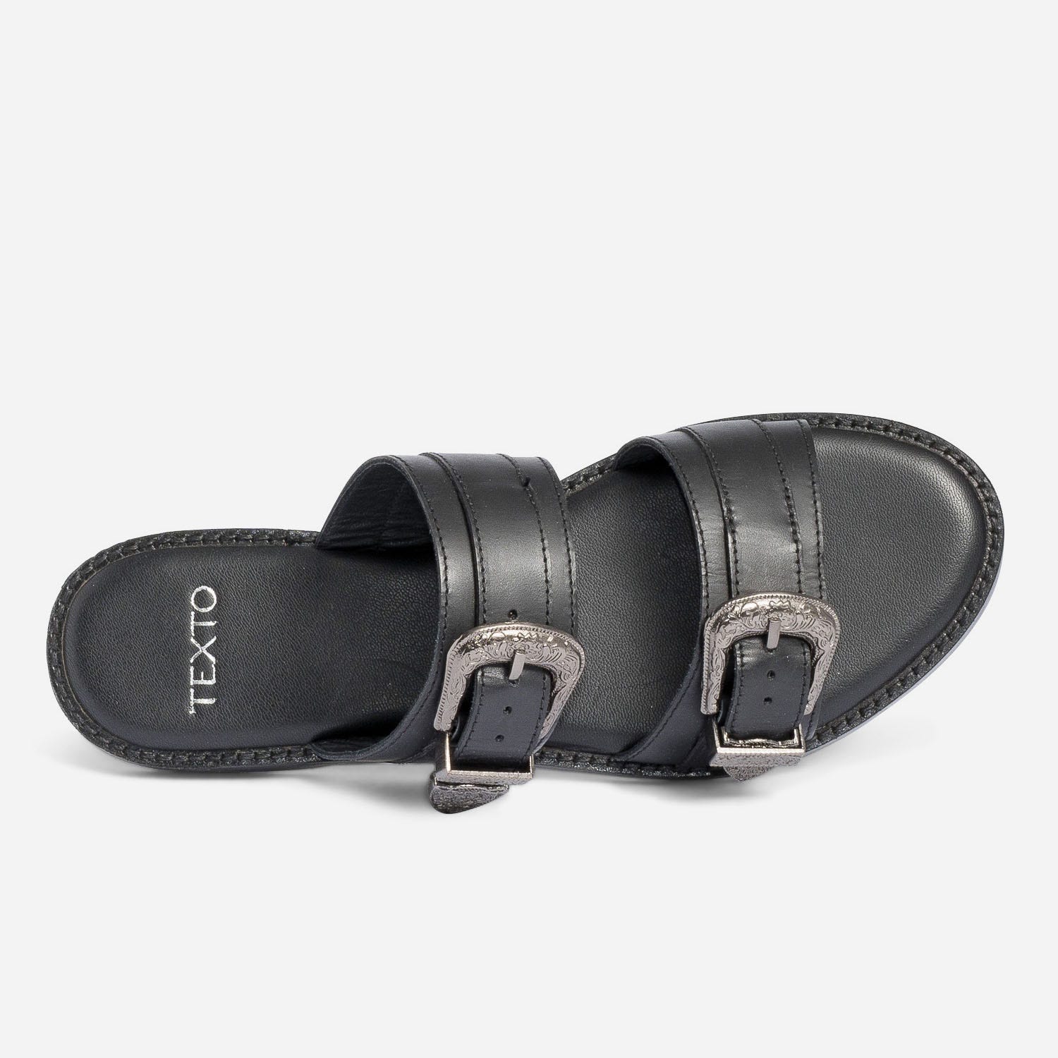 Mule TEXTO noire en cuir à boucles western