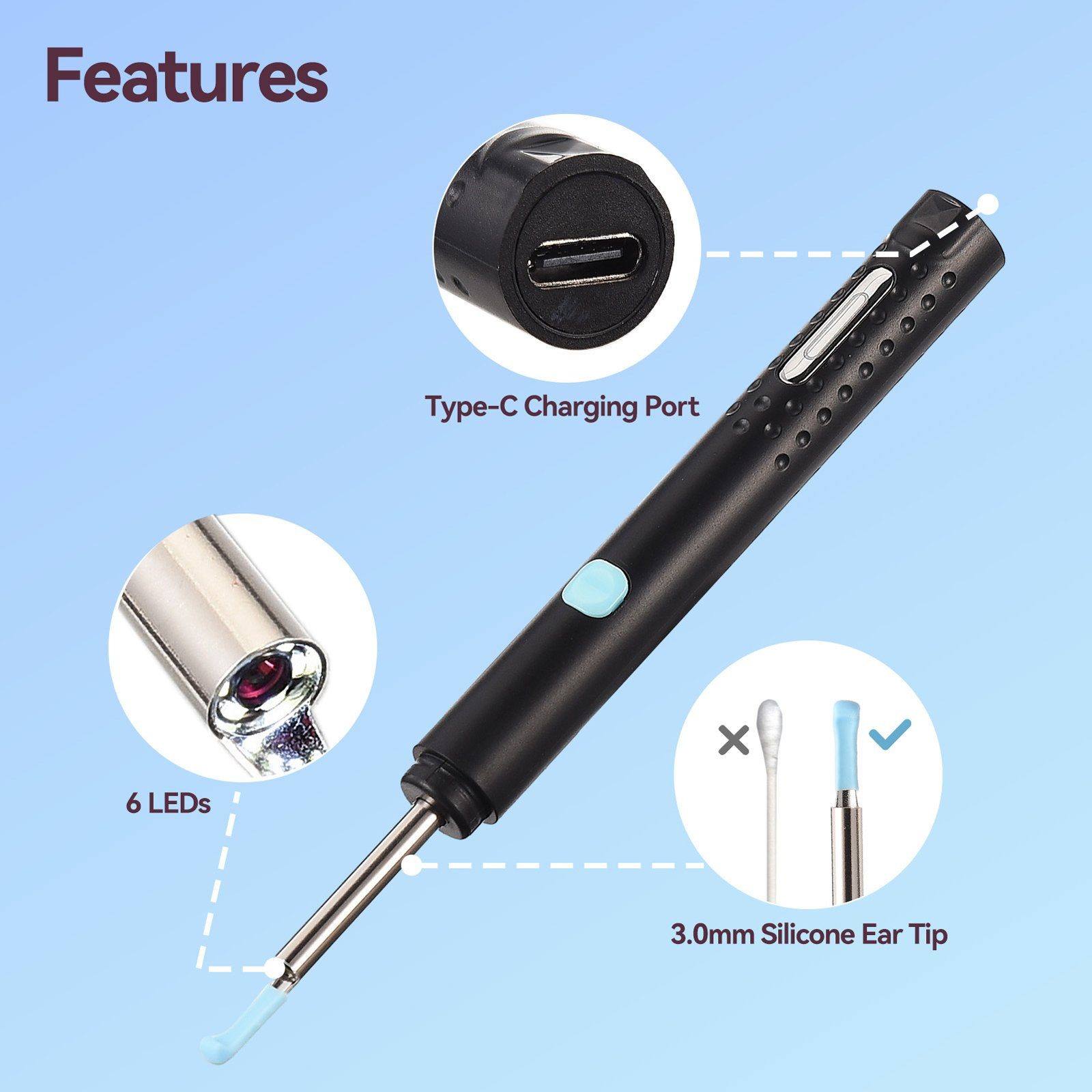 SEEZSSA Ohrenreiniger Advanced Das Ear Scoop mit WIFI Ear Scope, Ohrlöffel aus Eisen zur Reinigung von Ohrenschmal, Ohrlöffel mit 230mah Li-Ion-Akku mit Silikon-Ohrlöffel, Schwarz/Weiß