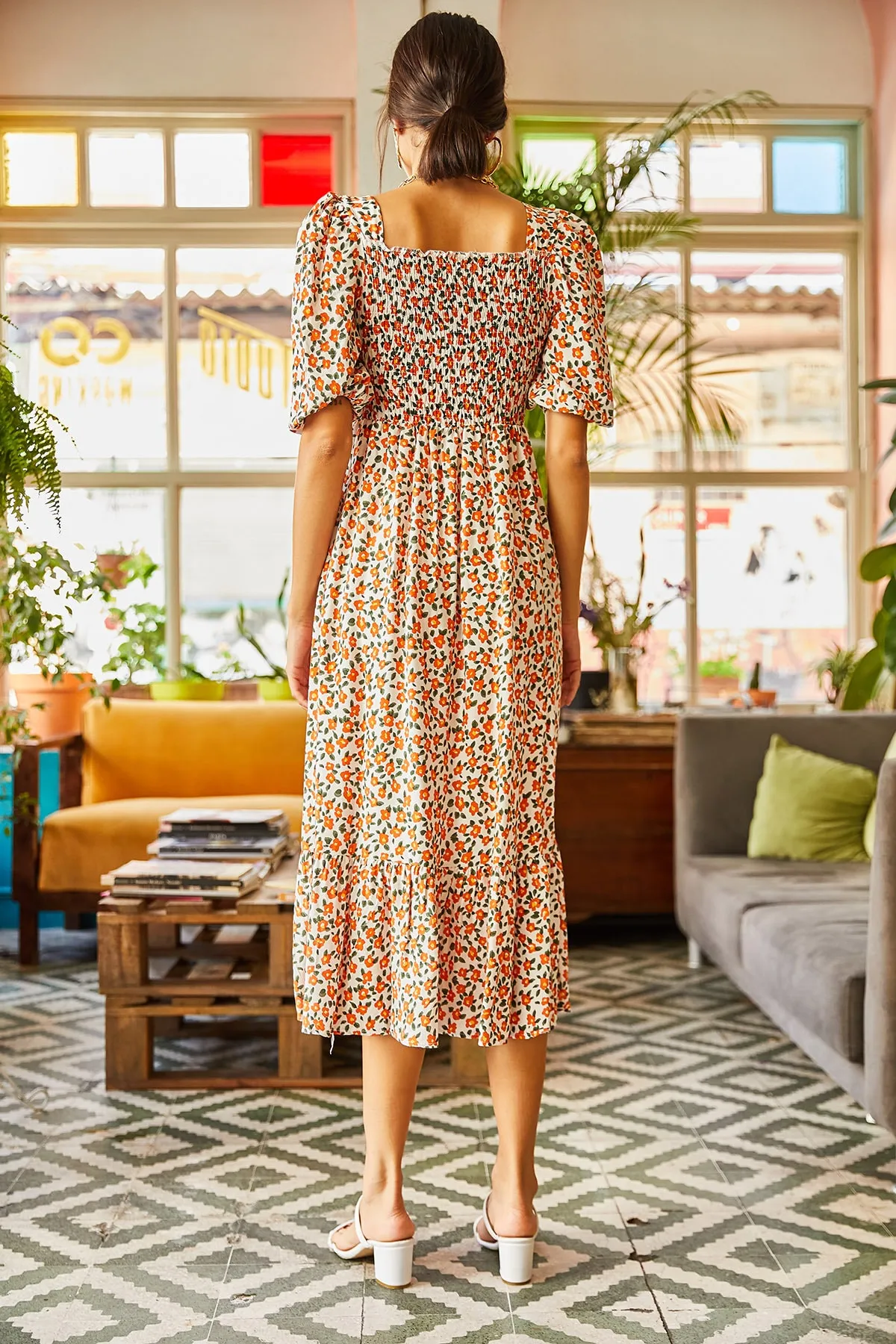 Olalook  Ecru Orange Gimped Lässiges Kleid aus gewebter Viskose für Damen ELB-19001483