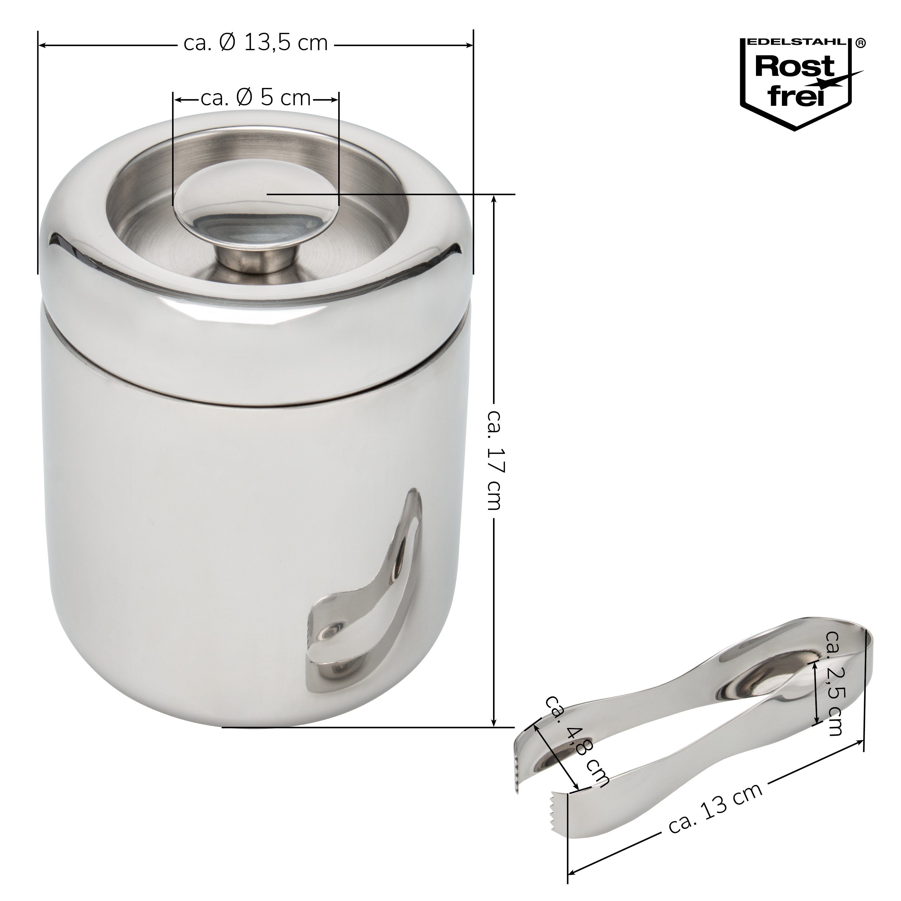 bremermann Eiswürfelbehälter bremermann Eiswürfelbehälter mit Zange, Edelstahl-Eiskübel mit Deckel, Edelstahl, (Komplett-Set), Fassungsvermögen 1,5 l