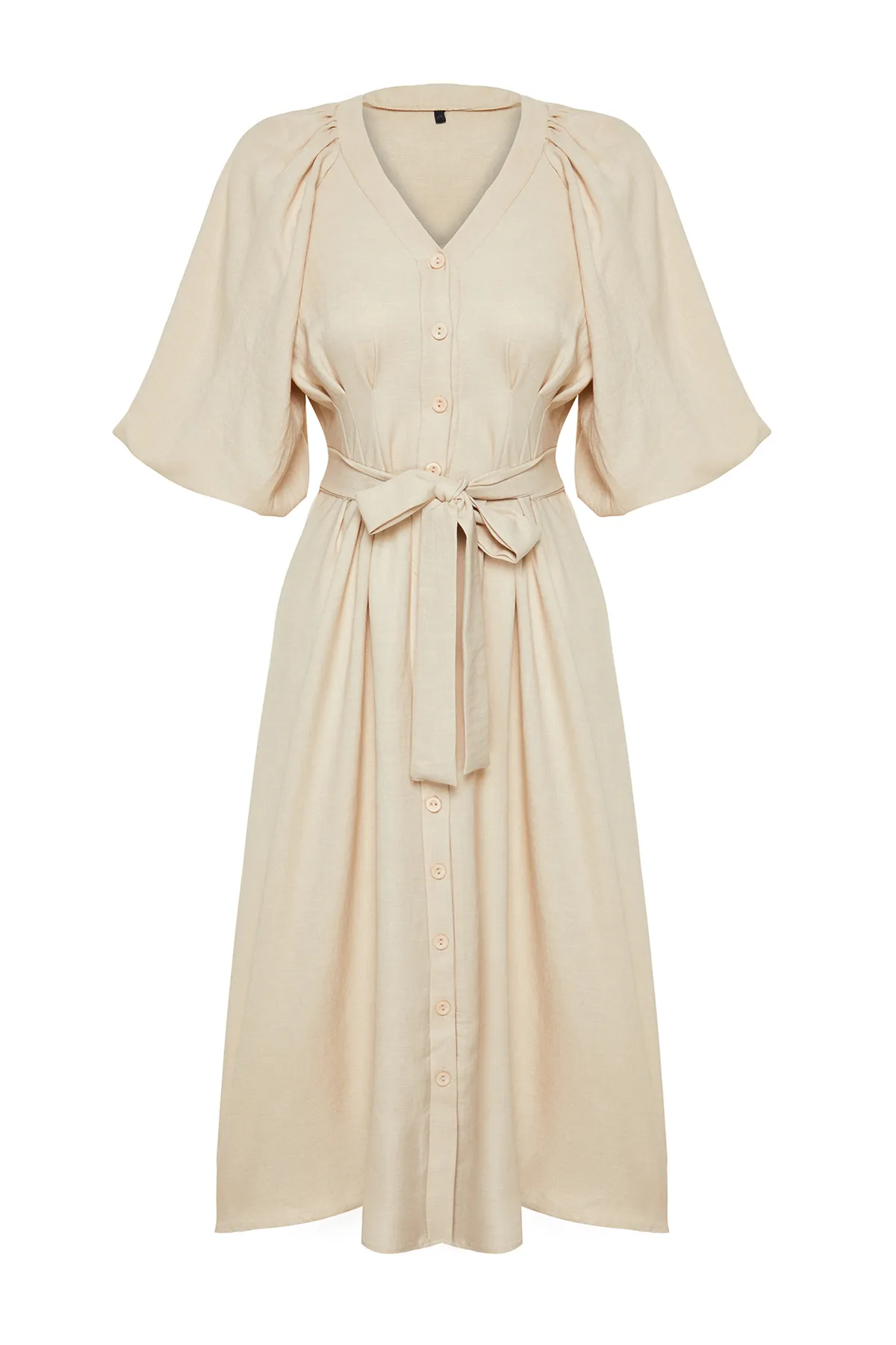 Trendyol Modest  Steinfarbenes, gewebtes Hemdkleid in Leinenoptik mit Gürtel und halblangen Ballonärmeln TCTSS24EB00014