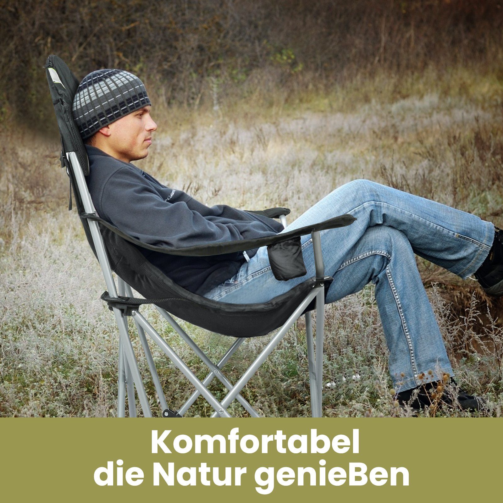 HOMECALL Campingstuhl Anglerstuhl Flatsessel Klappbar Liegestuhl, Getränkehalter, Gepolstert, 3 fach Verstellbare Rückenlehne, bis 150KG