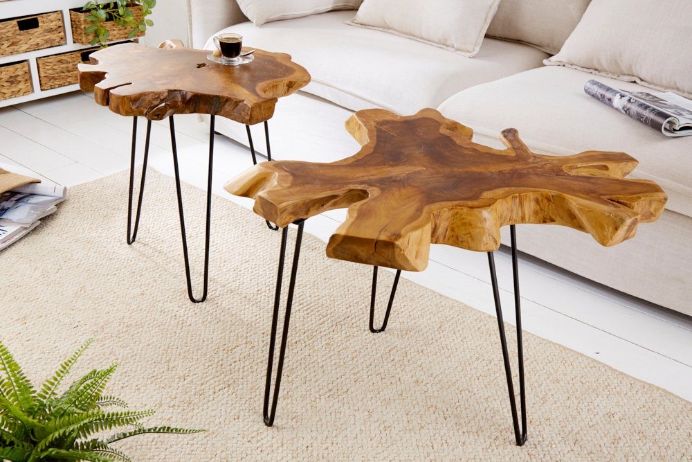 riess-ambiente Beistelltisch WILD 60cm natur, Massivholz · Couchtisch · Hairpin Legs · Baumscheibe · Teakholz