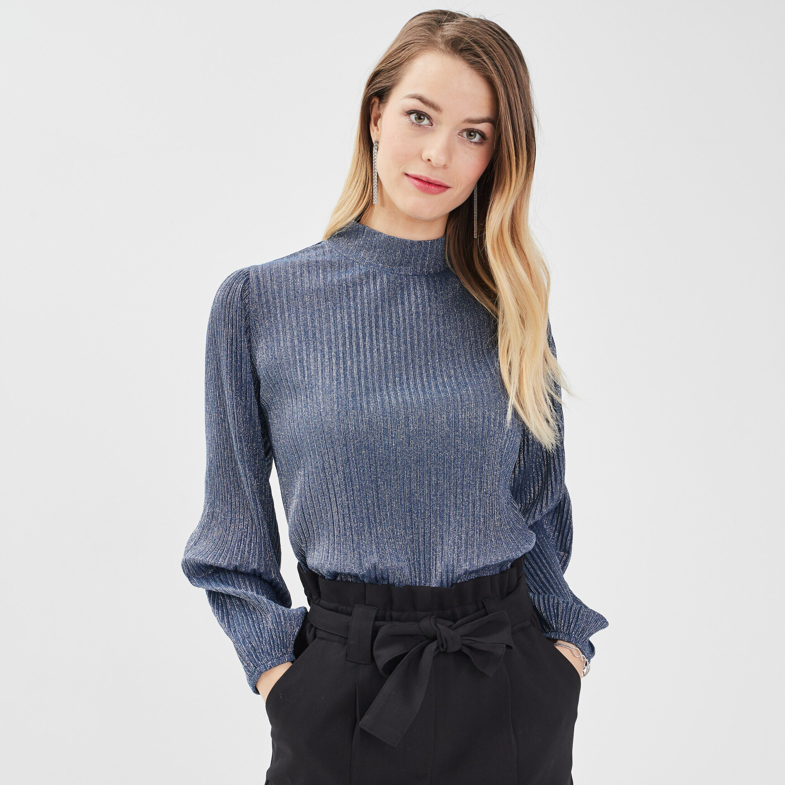 T-shirt manches longues plissé gris clair femme | Cache Cache