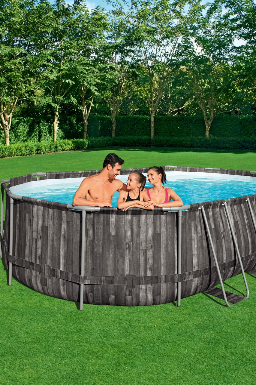 Bestway Power Steel™ Frame Pool Komplett-Set mit Filterpumpe, Holz-Optik (Mooreiche), oval 610 x 366 x 122 cm