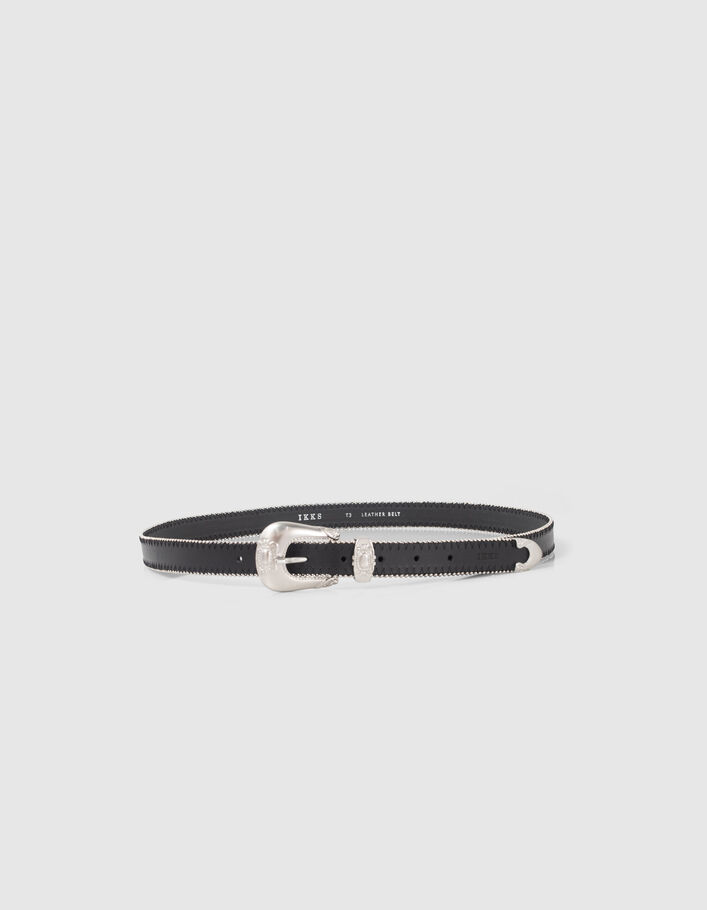 Ceinture noire cuir microbilles et boucle Western Femme