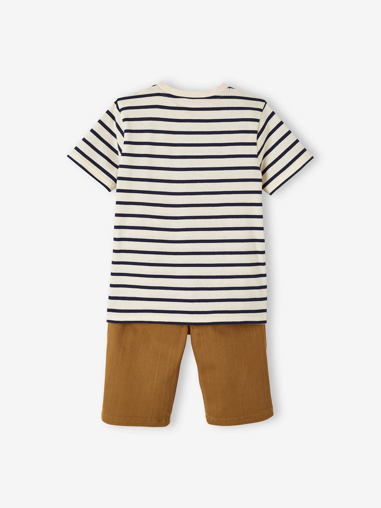 Ensemble tee-shirt rayé et bermuda en toile garçon marron