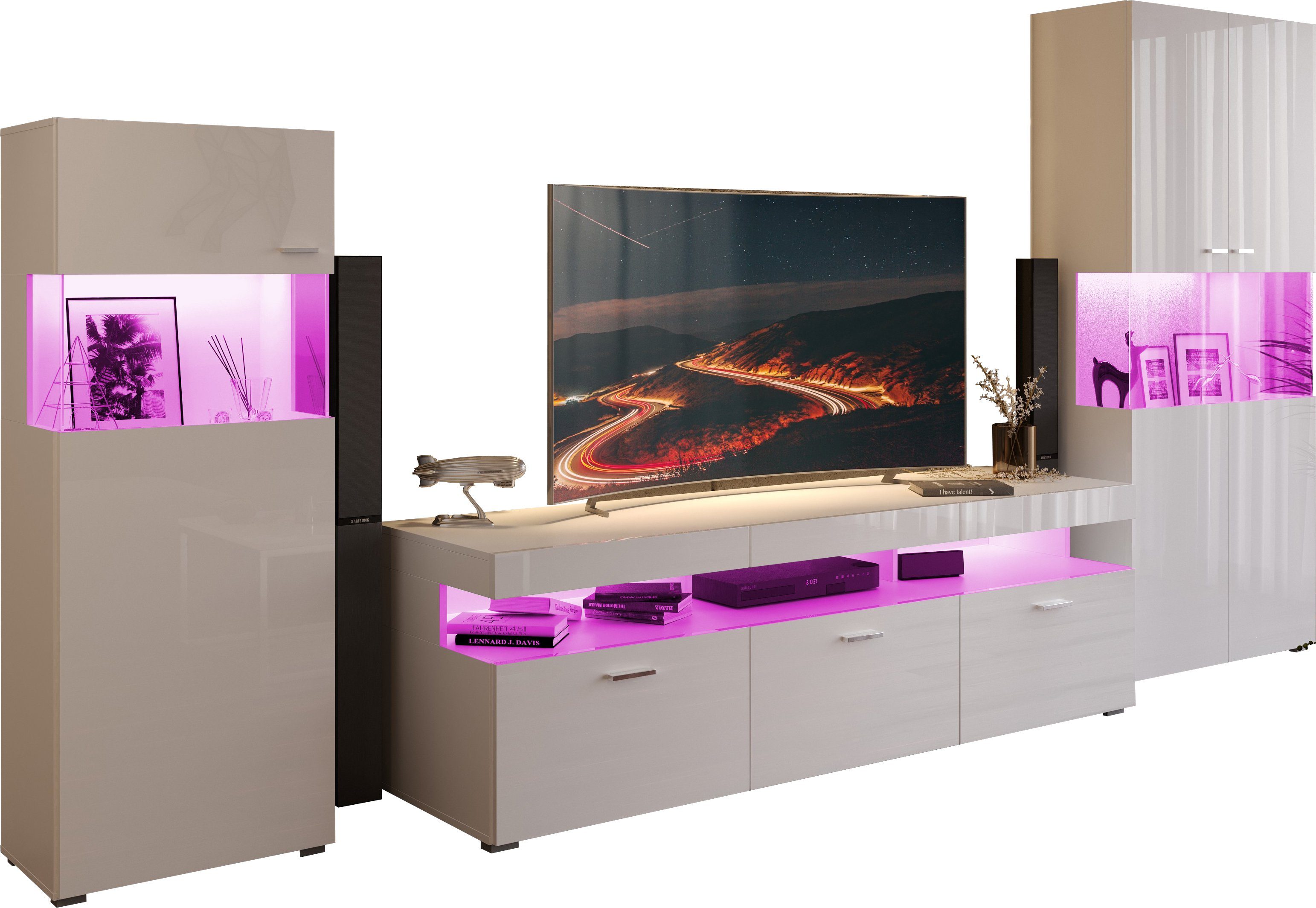 Domando Wohnwand Wohnwand Mondello M1, (3-St), Breite 350cm, RGB LED Beleuchtung mit wechselbarer Farbe, Hochglanz