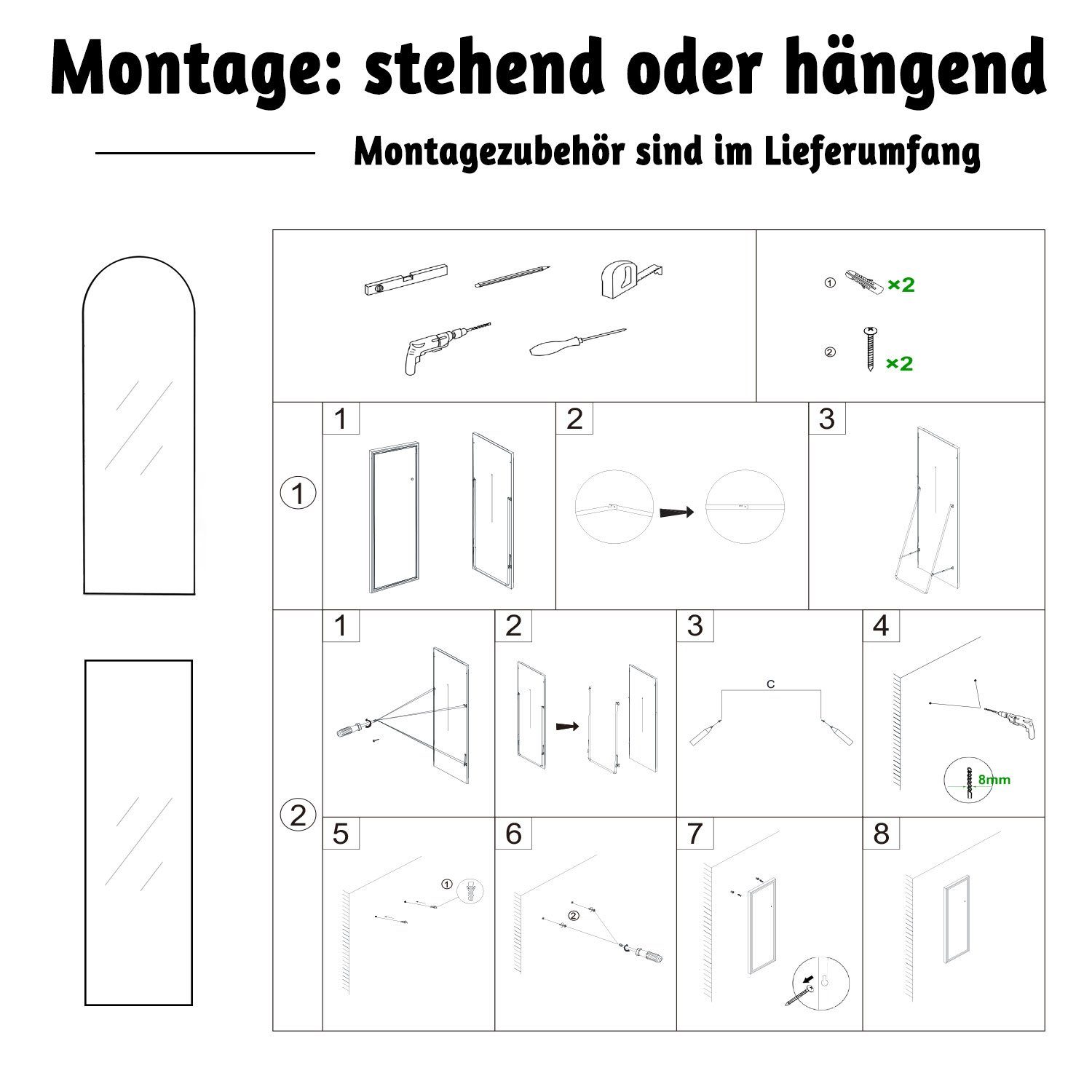 duschspa Ganzkörperspiegel Standspiegel Wandspiegel Schwarz Hängespiegel Spiegel, frei stehend/hängend, mit Explosionsgeschutz