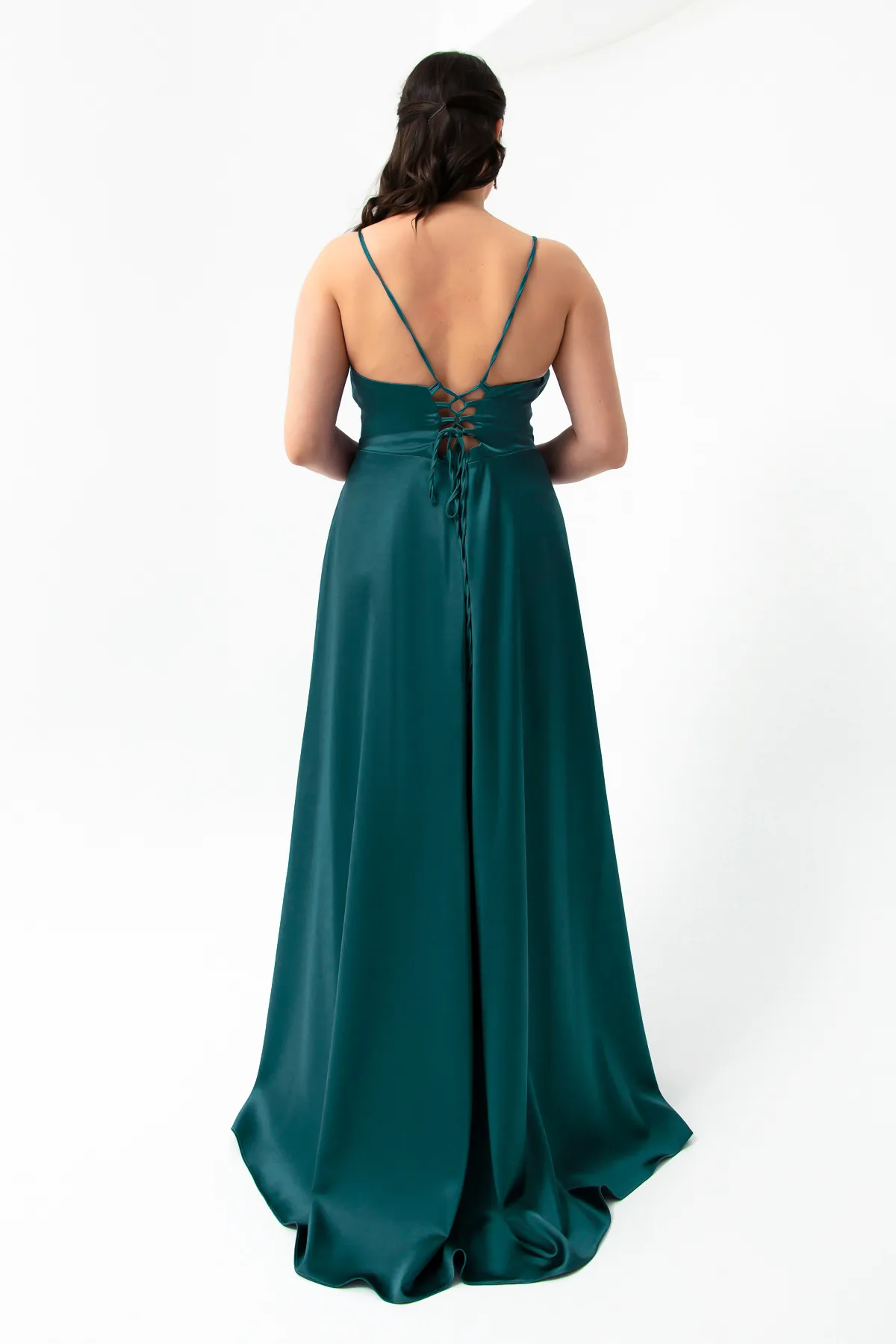 Lafaba  Abendkleid für Damen, Petrol, Volant, Schlitz, Übergröße, Satin, Abschlusskleid