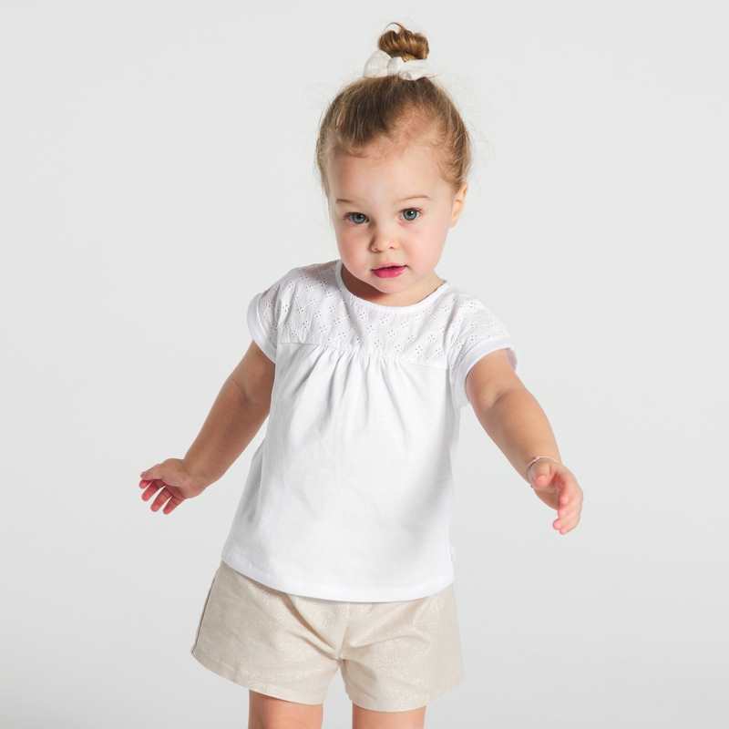 T-shirt bi-matière broderie anglaise blanc bébé fille