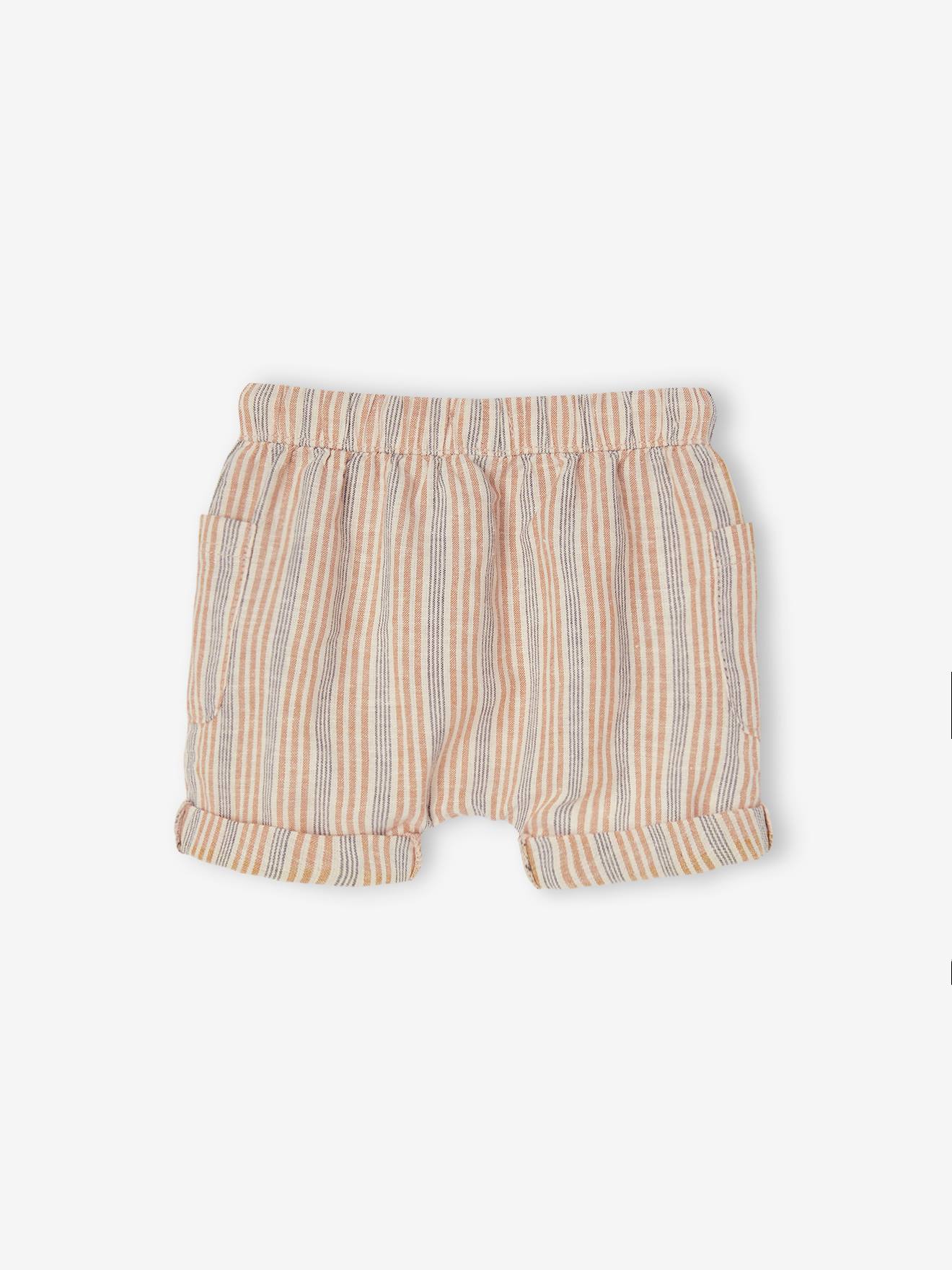 Short rayé bébé en coton et lin écru
