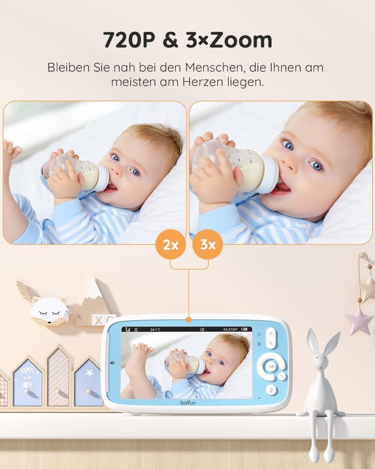 Boifun Babyphone 5'' 720P IPS Bildschirm intelligenter Kamera Babymonitor mit SD Karte, HD PTZ 330°/135°, 3×Zoom, VOX Funktion, Zwei-Wege-Audio Babyphone, Fütterungserinnerung,Lautstärke-LED,Kabellos Drehbare Kamera, 3050mAh Akku,Nachtsicht, Temperat