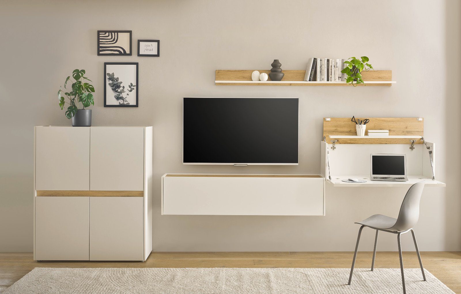 Furn.Design Wohnwand Center, (Wohnzimmer Set in weiß mit Wotan Eiche, 4-teilig, Breite 370 cm), integrierter Sekretär