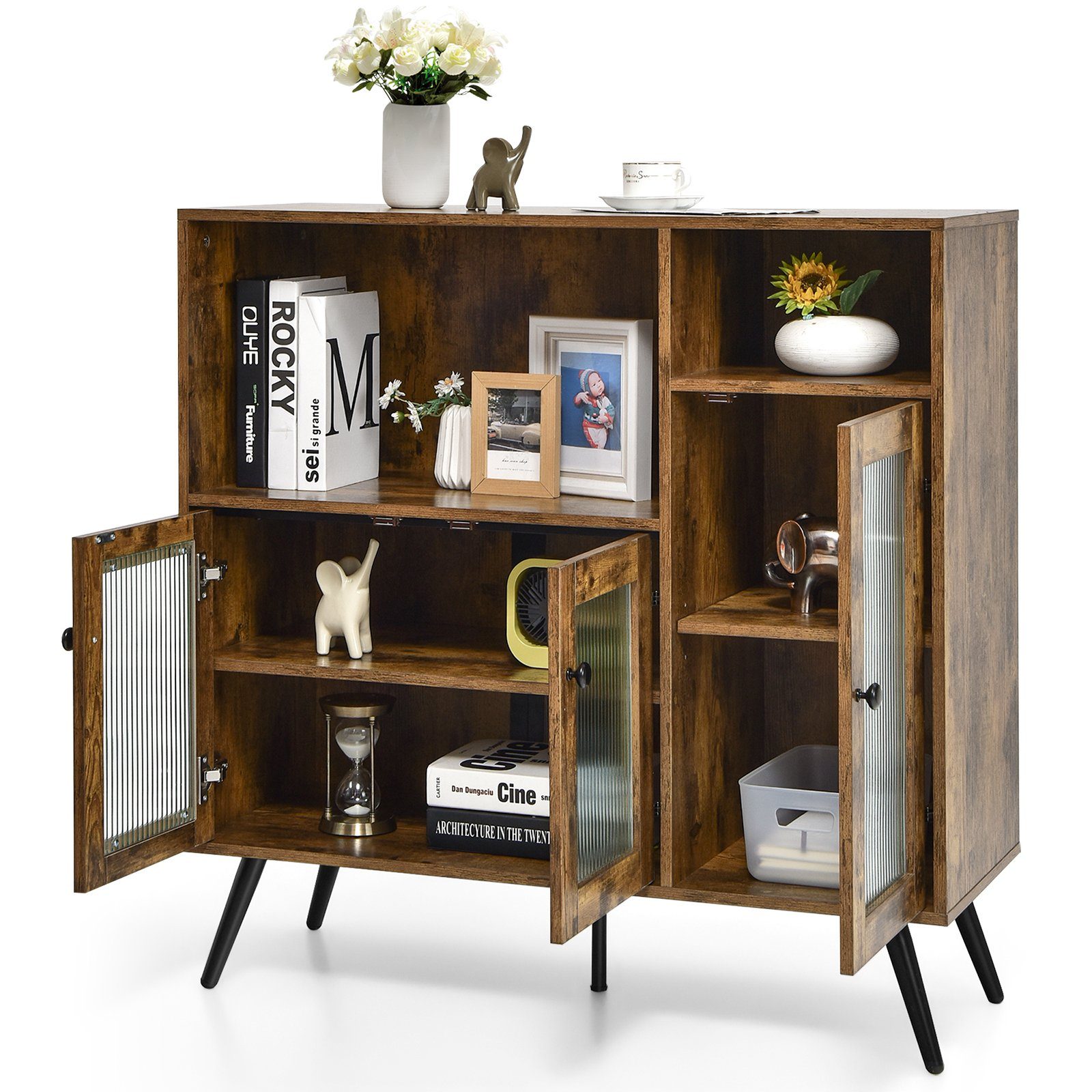 COSTWAY Küchenbuffet mit Glastüren & Fächern, Kippschutz, 100x39,5x100cm
