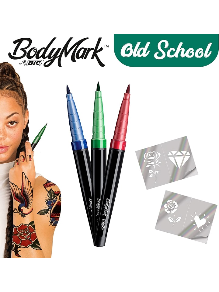 Bic BodyMark by | Temporäre Tattoo-Stifte, 3 Farben 'Old School'   2 Schablonen günstig kaufen onesize