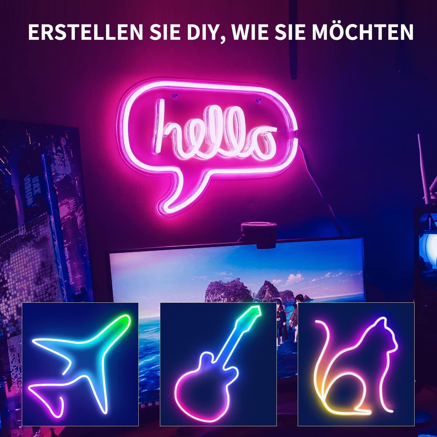 LETGOSPT LED-Streifen 3m Neon Led strip, APP Steuerung, mit Fernbedienung, IP67 wasserdichte, 12V Rgbflexible Neon LED Streifen anwendbar auf Innen Außendekoration