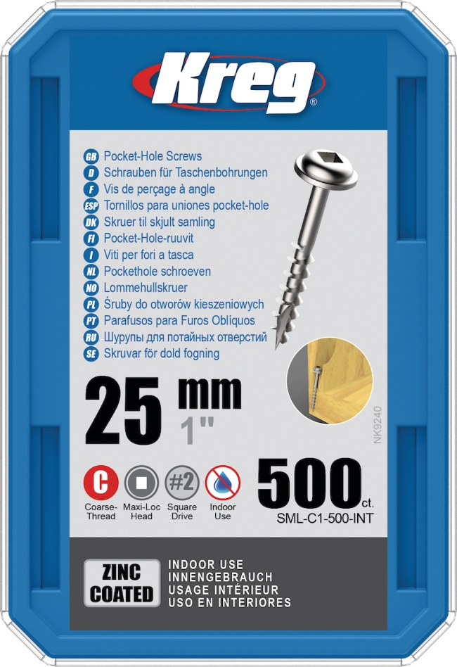 Vis à trous de poche Kreg SML-C1-500-INT 25 mm galvanisées Maxi-Loc filetage grossier, 500 pièces