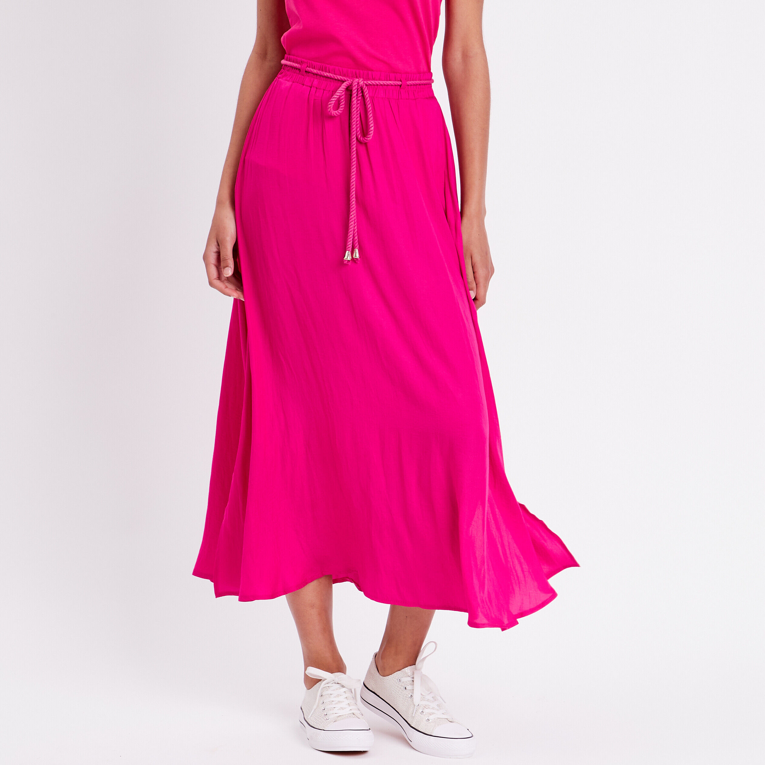 Jupe longue évasée satin rose fushia femme | Cache Cache