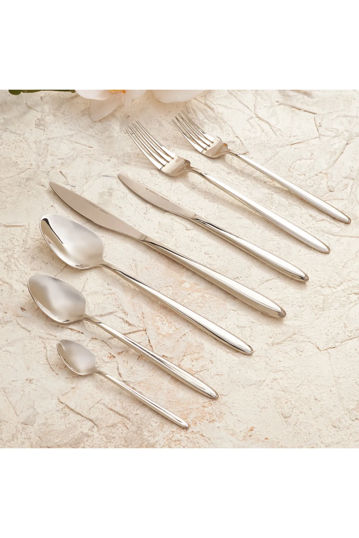 Karaca  Flow Elegance 84-teiliges Besteckset für 12 Personen mit Box, Essensgabeln, Esslöffeln