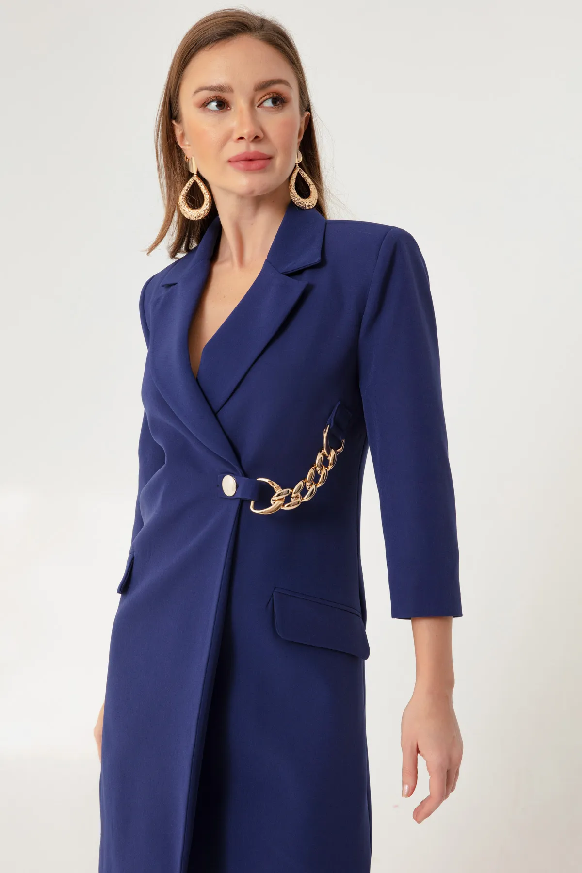 Lafaba  Marineblaues, detailliertes Jackenkleid für Damen