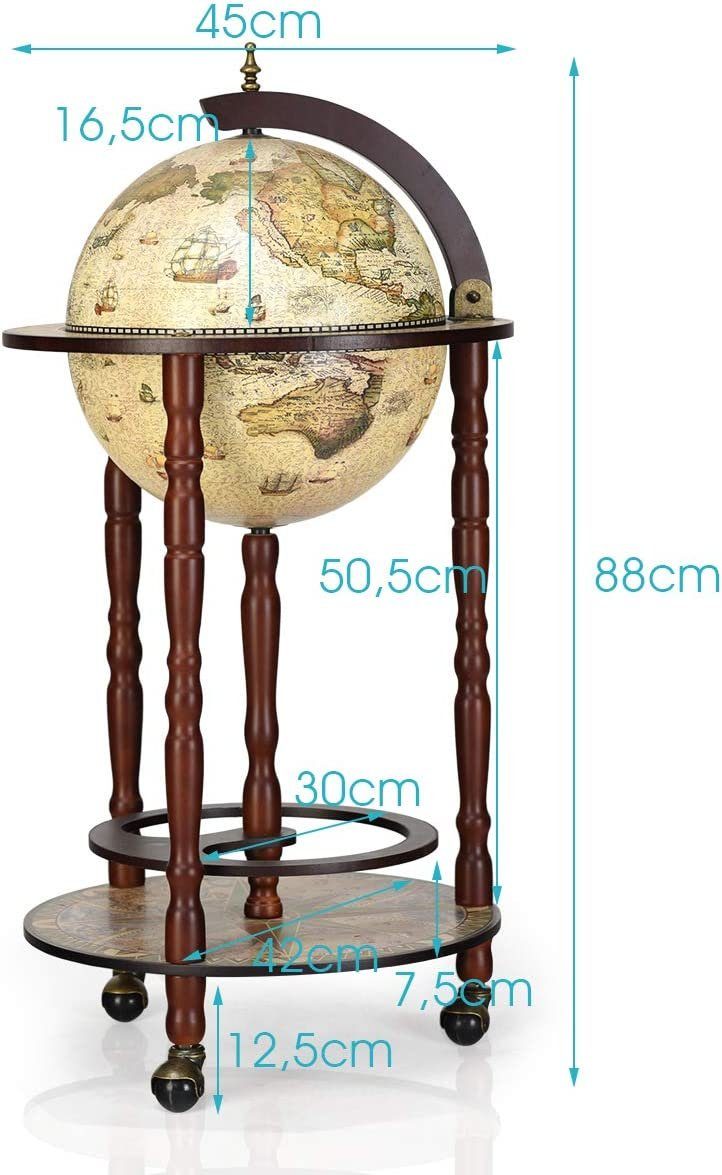 KOMFOTTEU Bartisch Globus Bar Barwagen, Weinregal, Hausbar, Cocktailbarmit Rollen, 88 x 45 cm