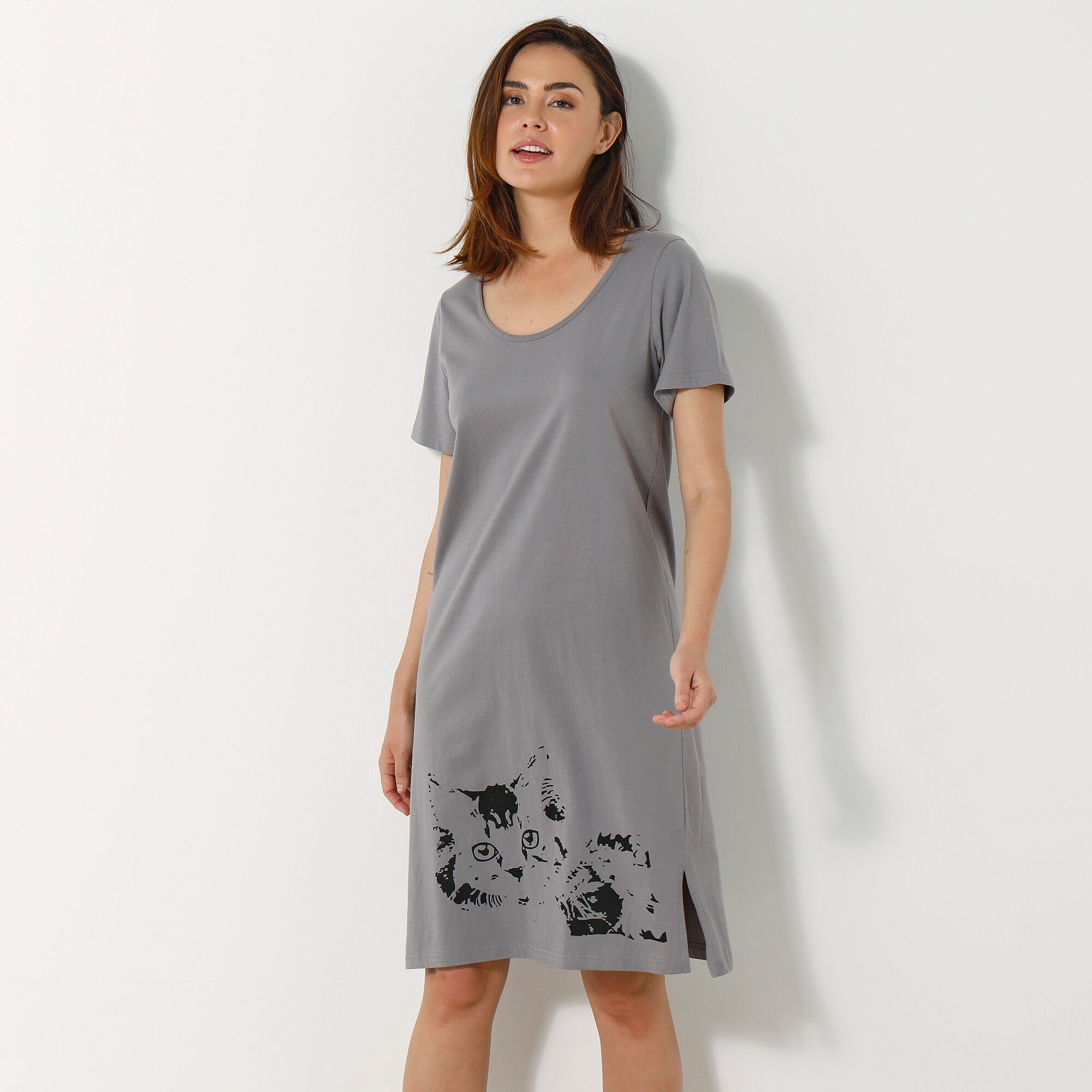 Chemise de nuit courte imprimé chat