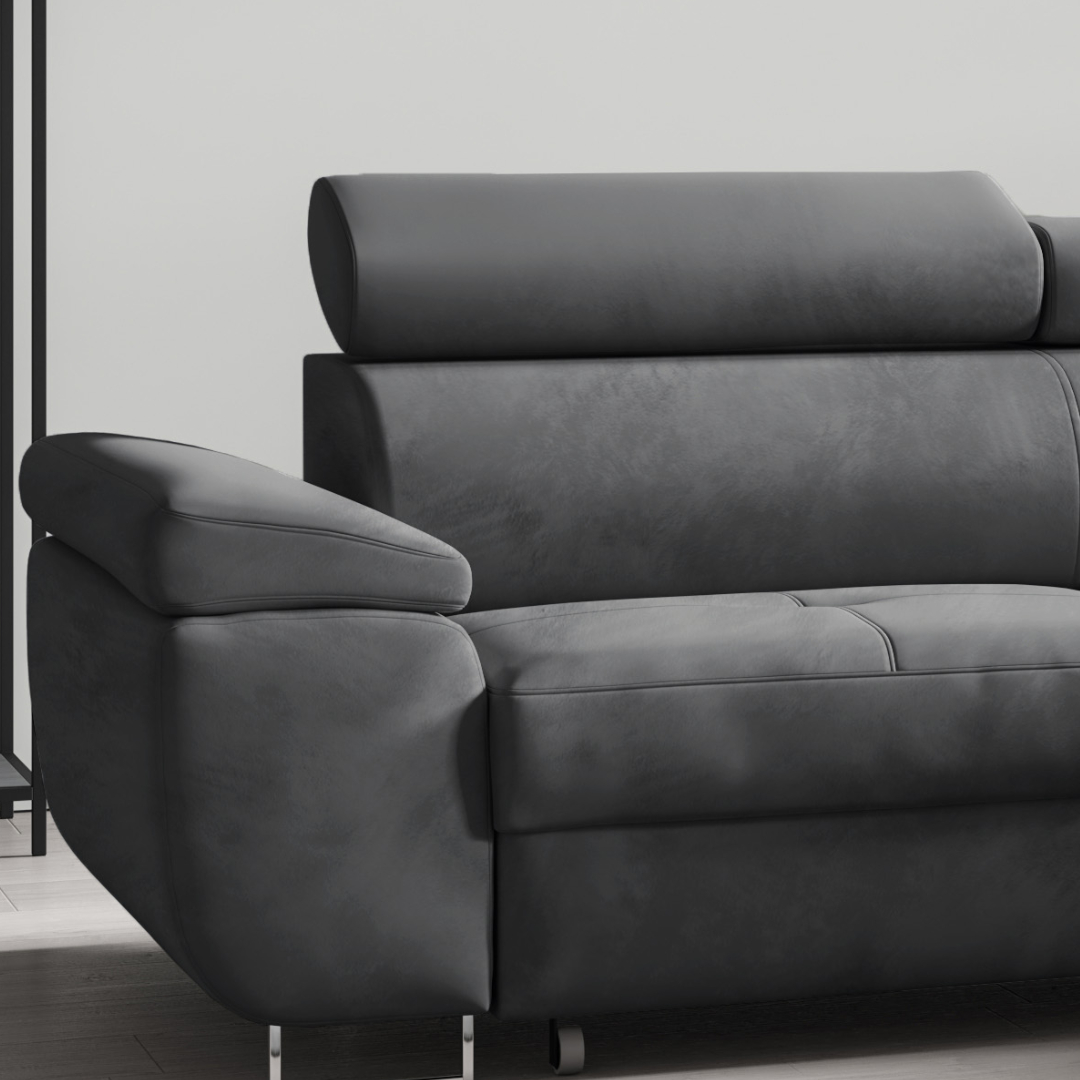 Möbel Punkt Wohnlandschaft Ecksofa Monaco Samt Grau mit Bett Bettkasten Kopfteilverstellung Bett Sofa Schlafsofa Ottomane rechts