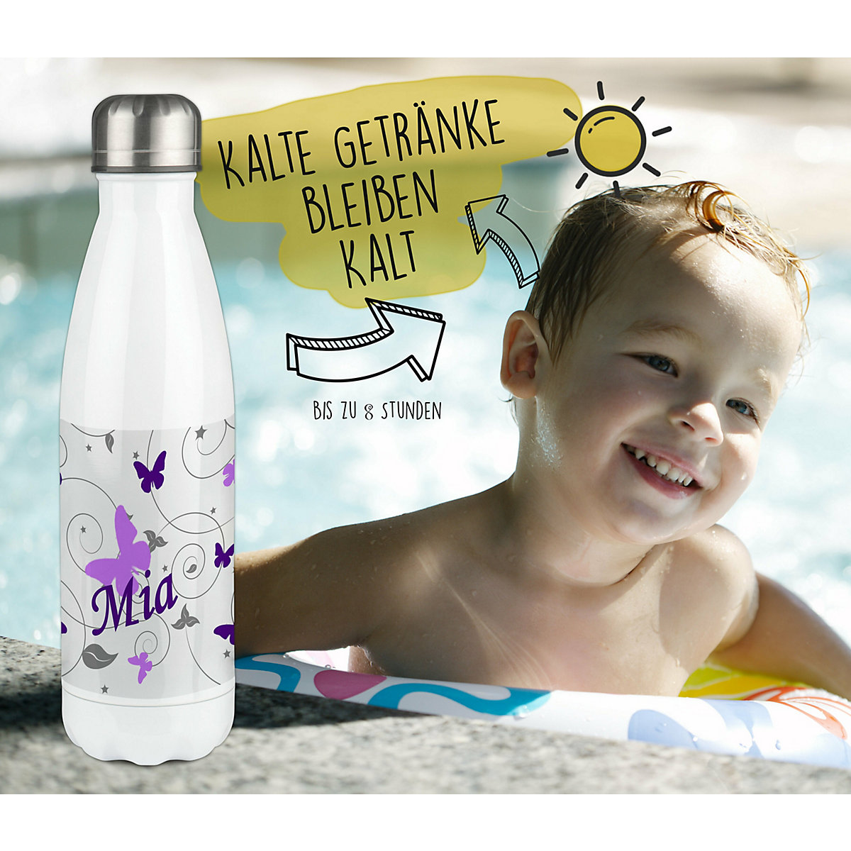 Edelstahl Kinder Thermoflasche / Trinkflasche bunt Schmetterling Ornamente Farbe flieder lila Spülmaschinenfest, Auslaufsicher, Bruchfest, Doppelwandig, Für Heißgetränke geeignet, Mit Deckel, Isol