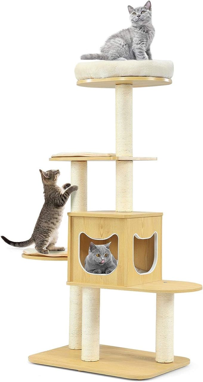 Costway 135cm Katzenbaum 4-stufiger Katzenkratzbaum Holz