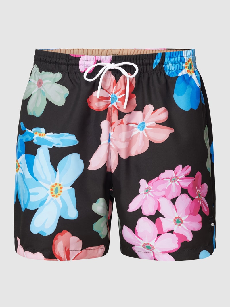 Badehose mit floralem Print Modell 'Piranha' in schwarz