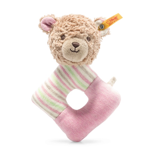 GOTS Rosy Teddybär Greifring mit Rassel, 15 cm, rosa