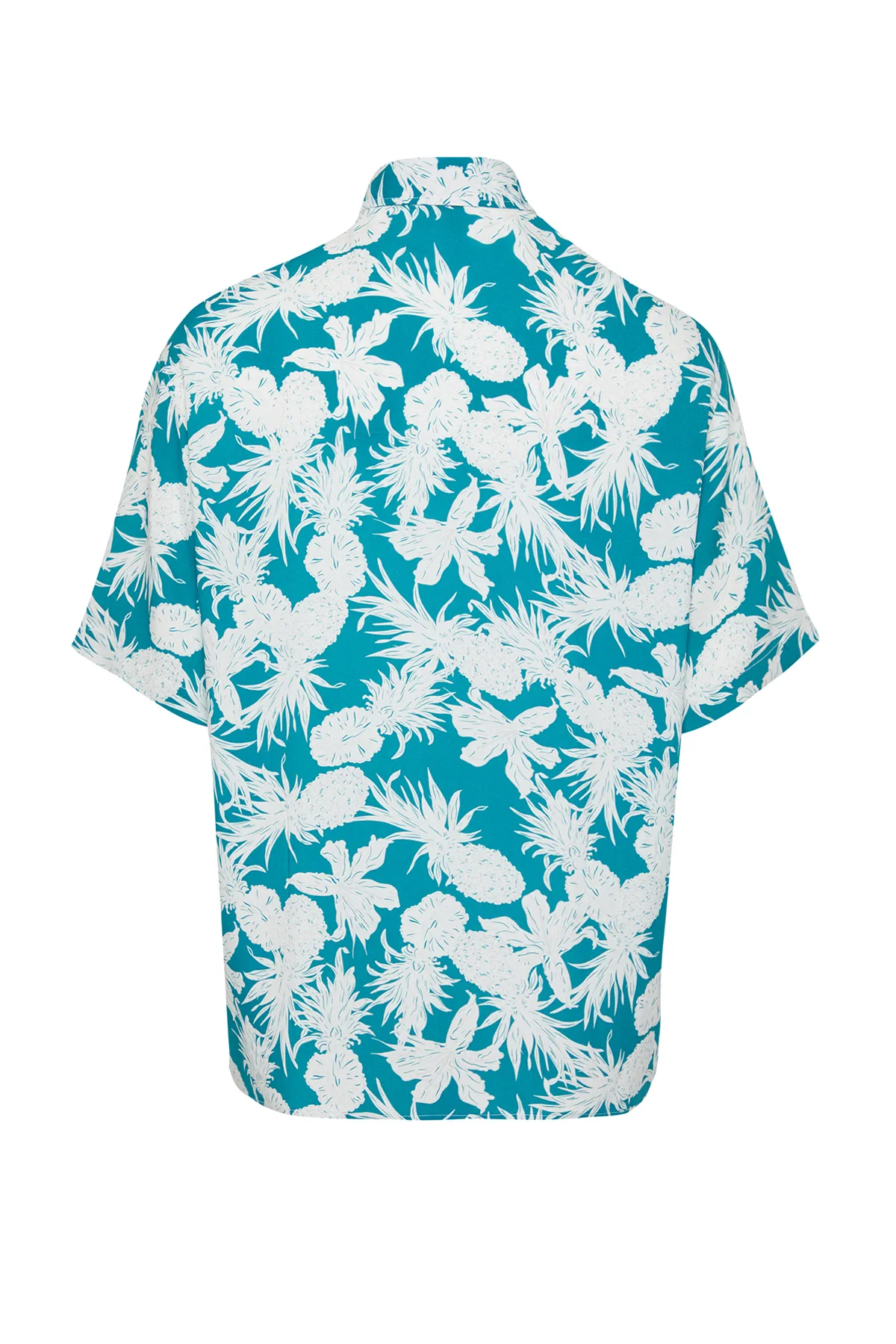 Trendyol Collection  Blaues Unisex-Sommerhemd mit übergroßer Passform und Ananas-Print aus 100 % Viskose, kurzärmlig, fließend, Sommerhemd TMNSS24GO00041
