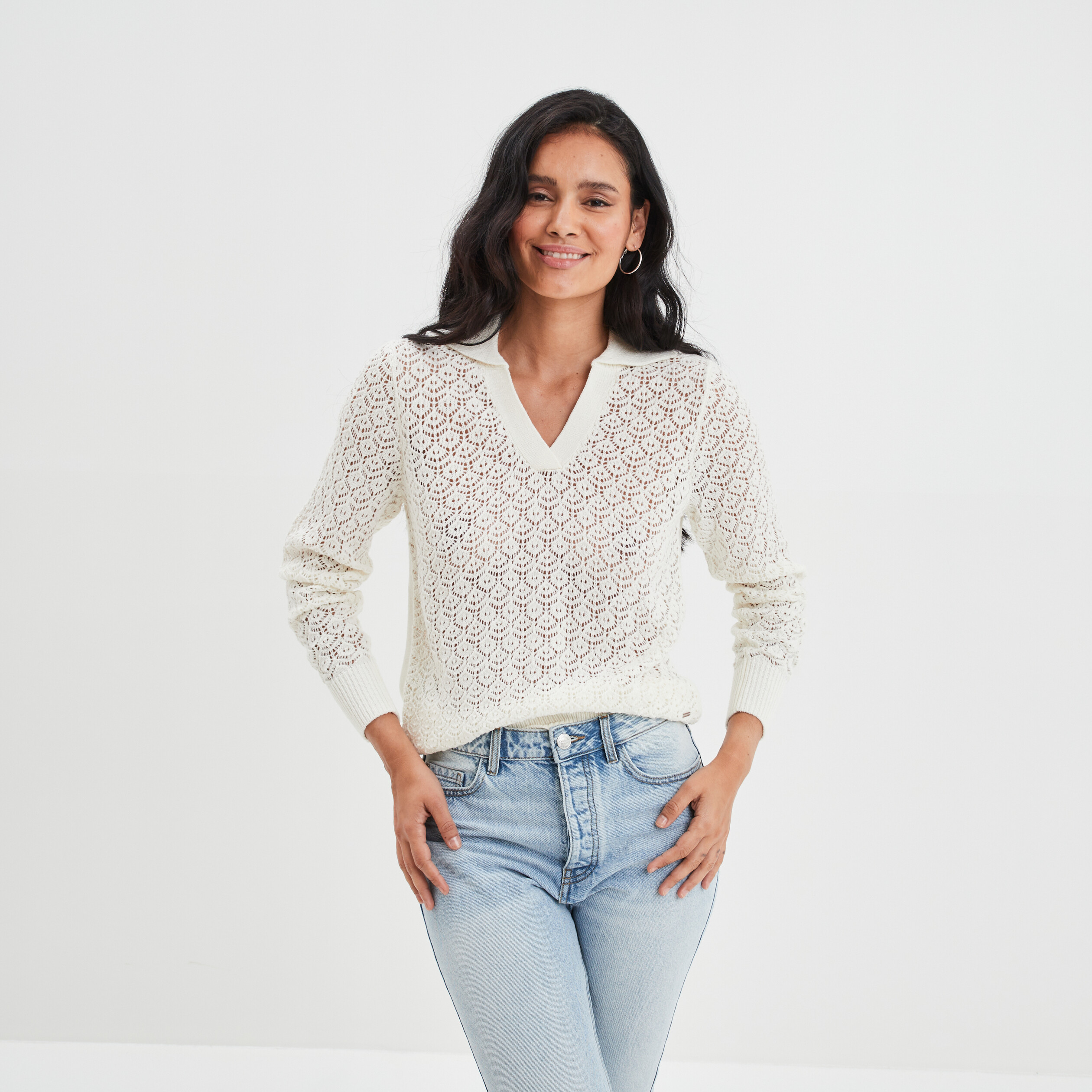 Pull ajouré col polo Creeks blanc femme | La Halle