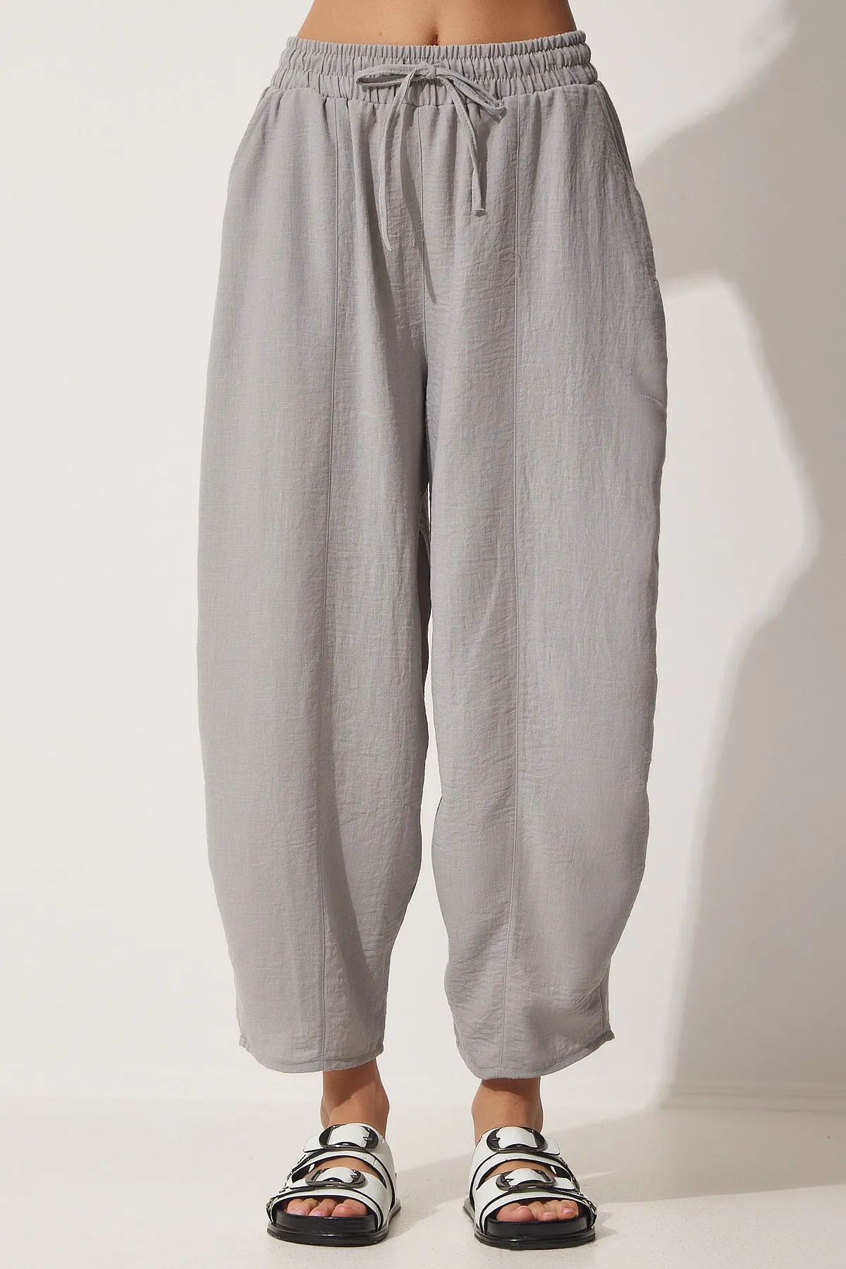 Happiness İstanbul  Graues Leinenhemd-Shalwar-Hosen-Set für Damen DZ00080