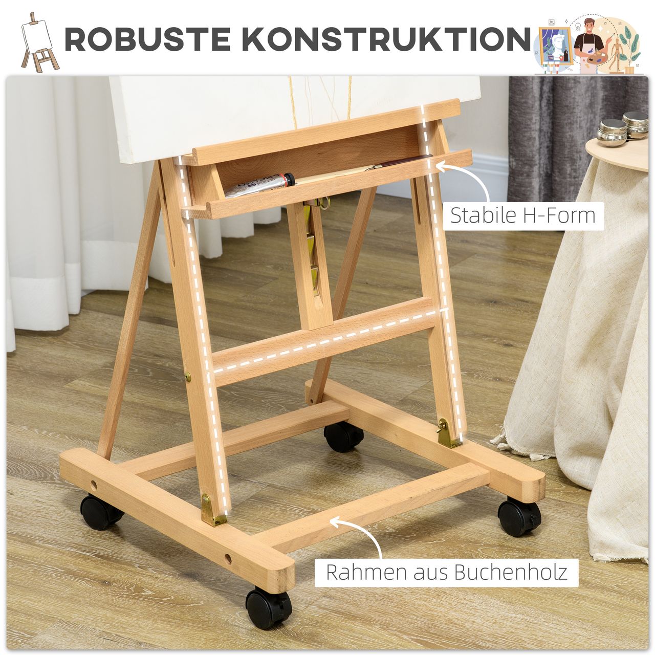 Vinsetto Staffelei Standstaffelei Klappbare Atelierstaffelei mit Rollen Holz