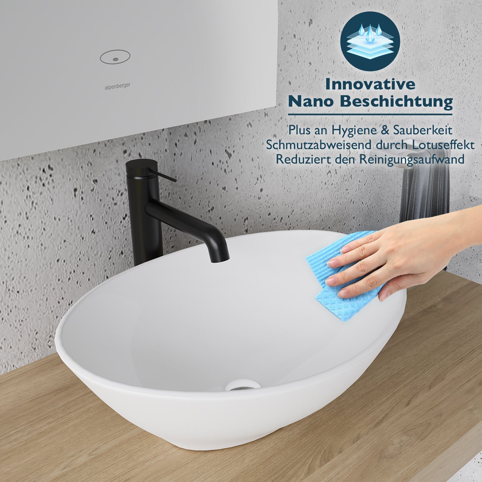 Alpenberger Aufsatzwaschbecken Waschschale Oval - Mini Waschbecken (1-tlg., Aufsatzbecken), pflegeleicht & hygienische Waschschüssel mit Nano Beschichtung