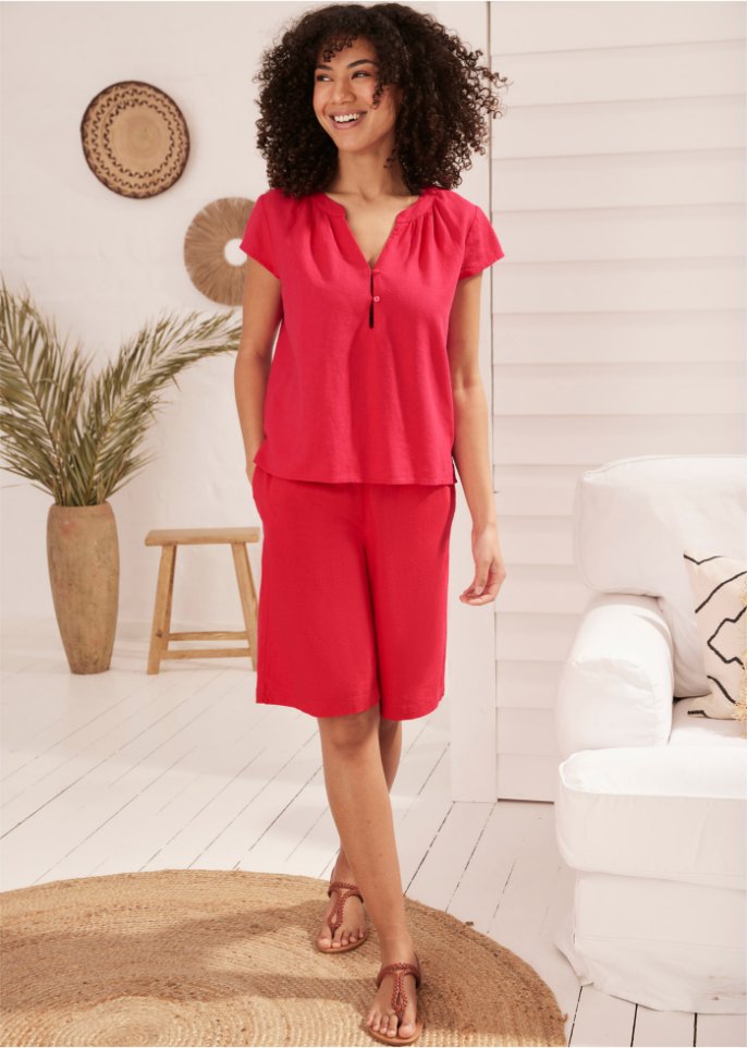 Kurzgeschnittene Bluse mit Leinen und Seitenschlitzen