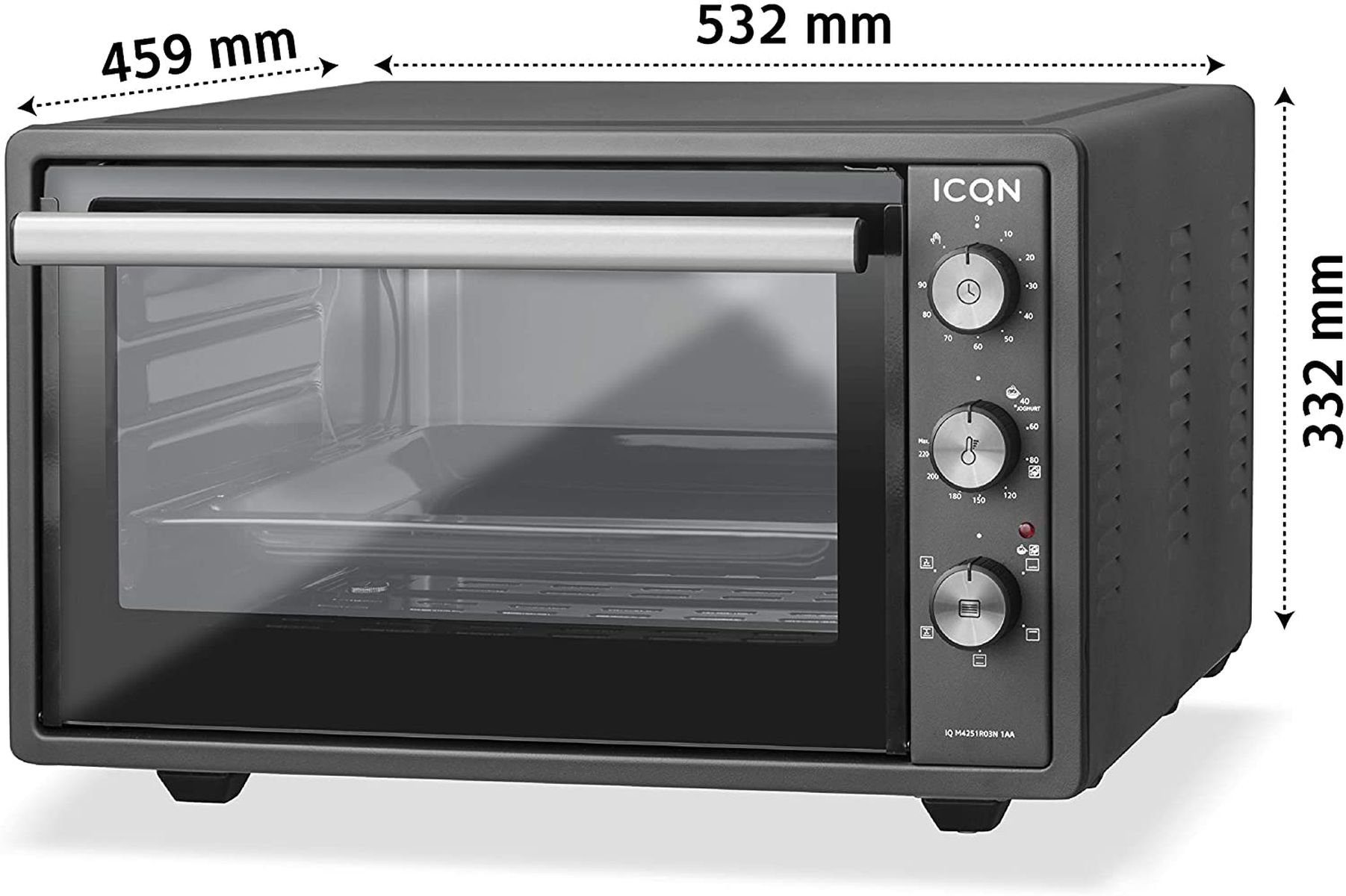 ICQN Minibackofen 42 Liter mit Umluft, Emailliert, 1300 W, inkl. Backblech Set, Umluft, Pizza-Ofen, Doppelverglasung, Timer, Mini Ofen, 40°-230°C