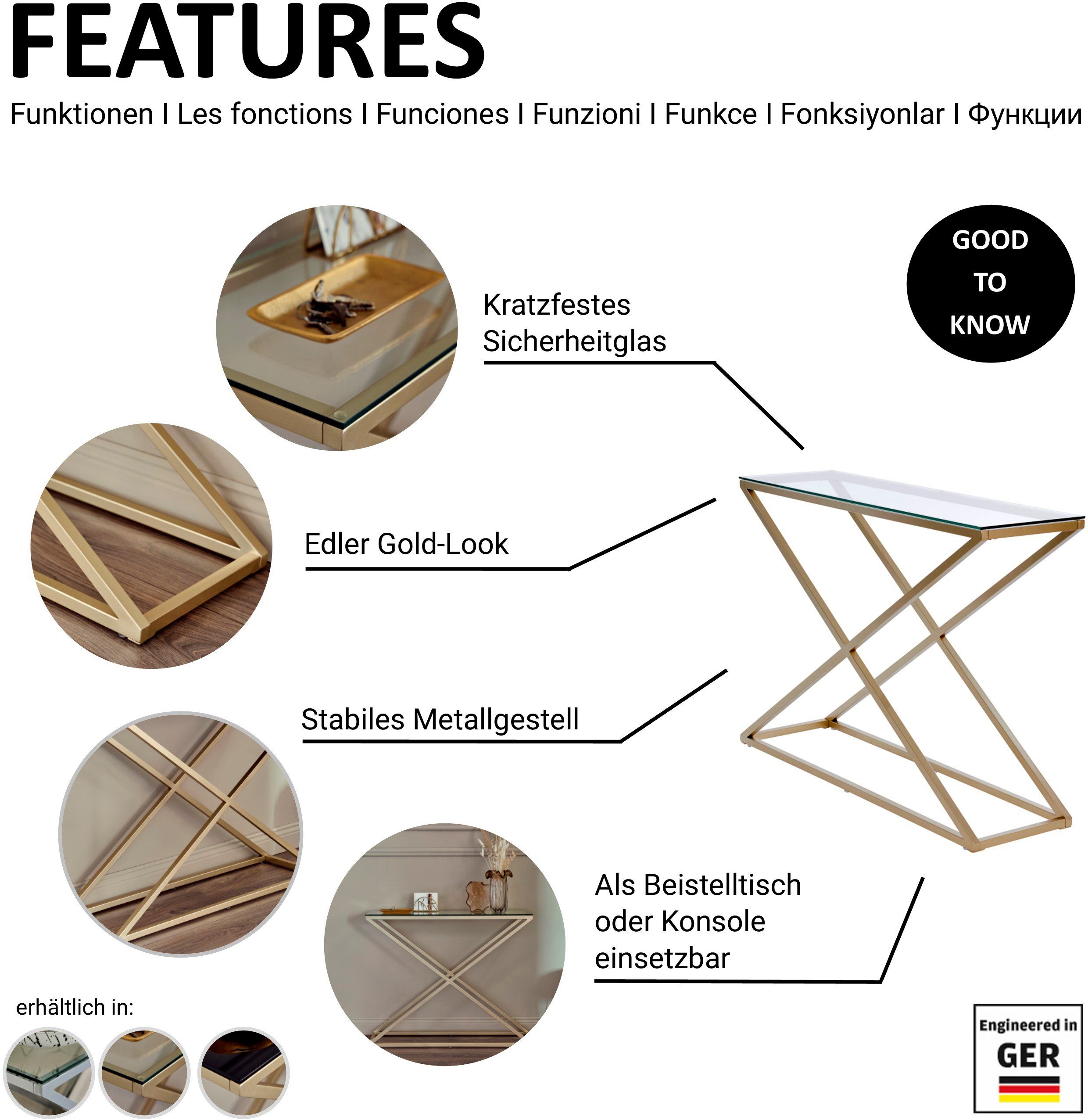 Jahnke Konsolentisch XTRA CONSOLE (1-St), Konsole/Beistelltisch in Gold-Look, aus Sicherheitsglas gefertigt