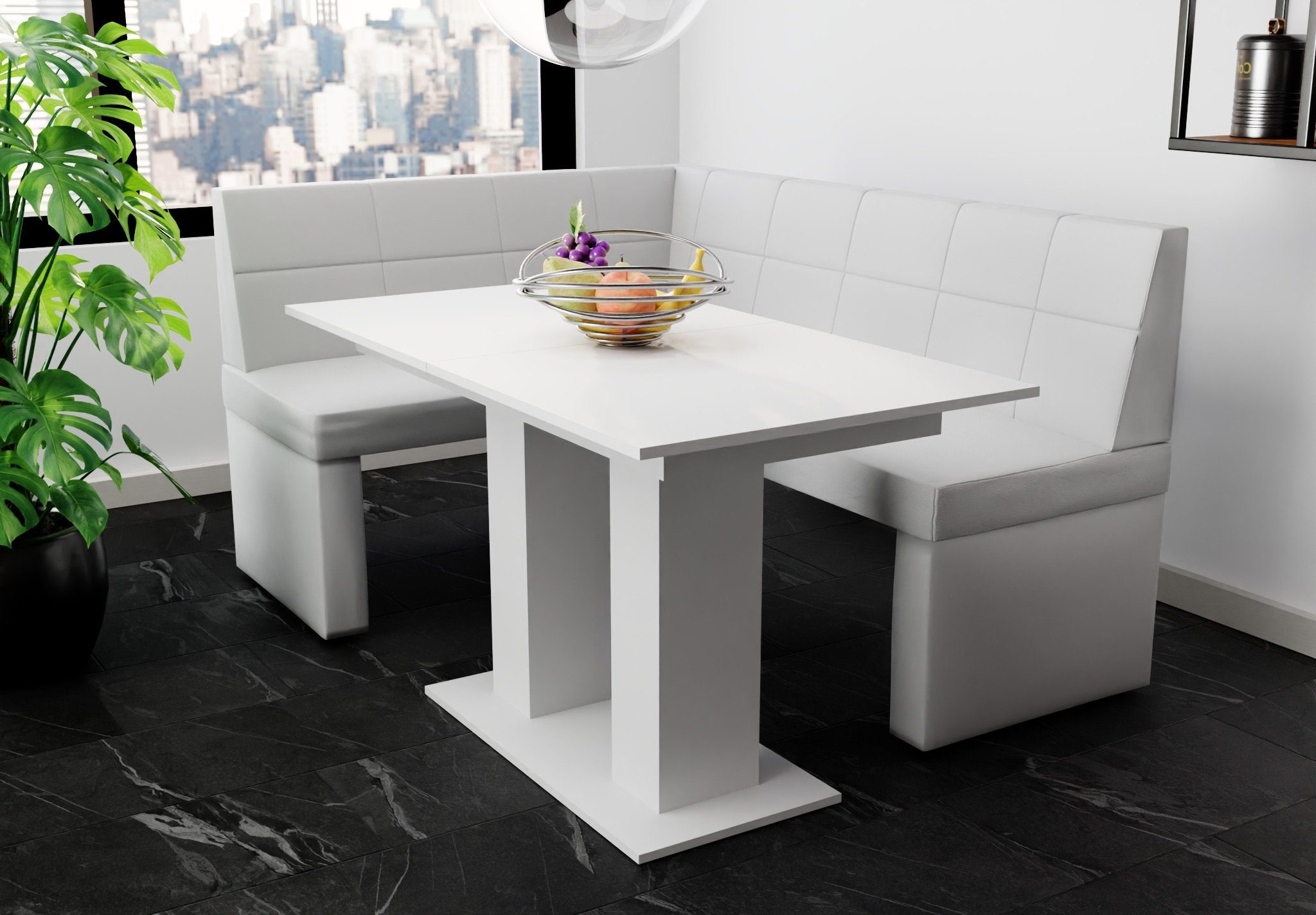 Fun Möbel Eckbankgruppe Eckbankgruppe „BLAKE XL“ Größe 196x142cm mit Tisch Weiß matt, ausziehbarer Tisch