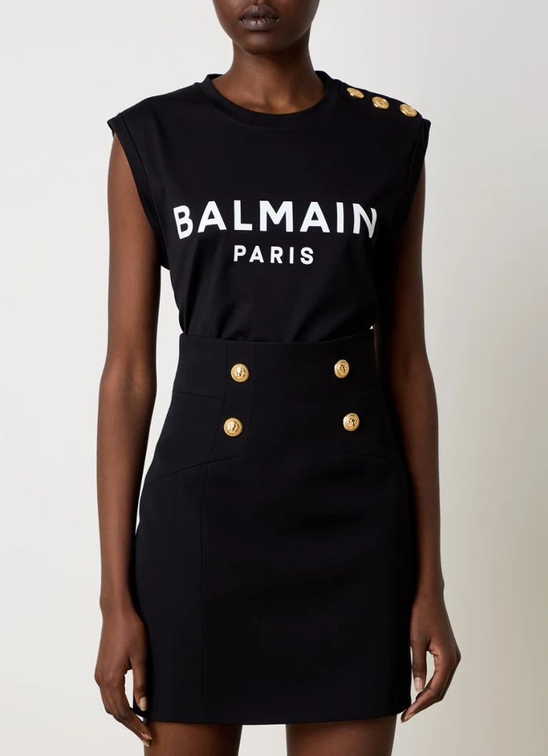 Balmain Sleeveless top with decorative buttons and logo print