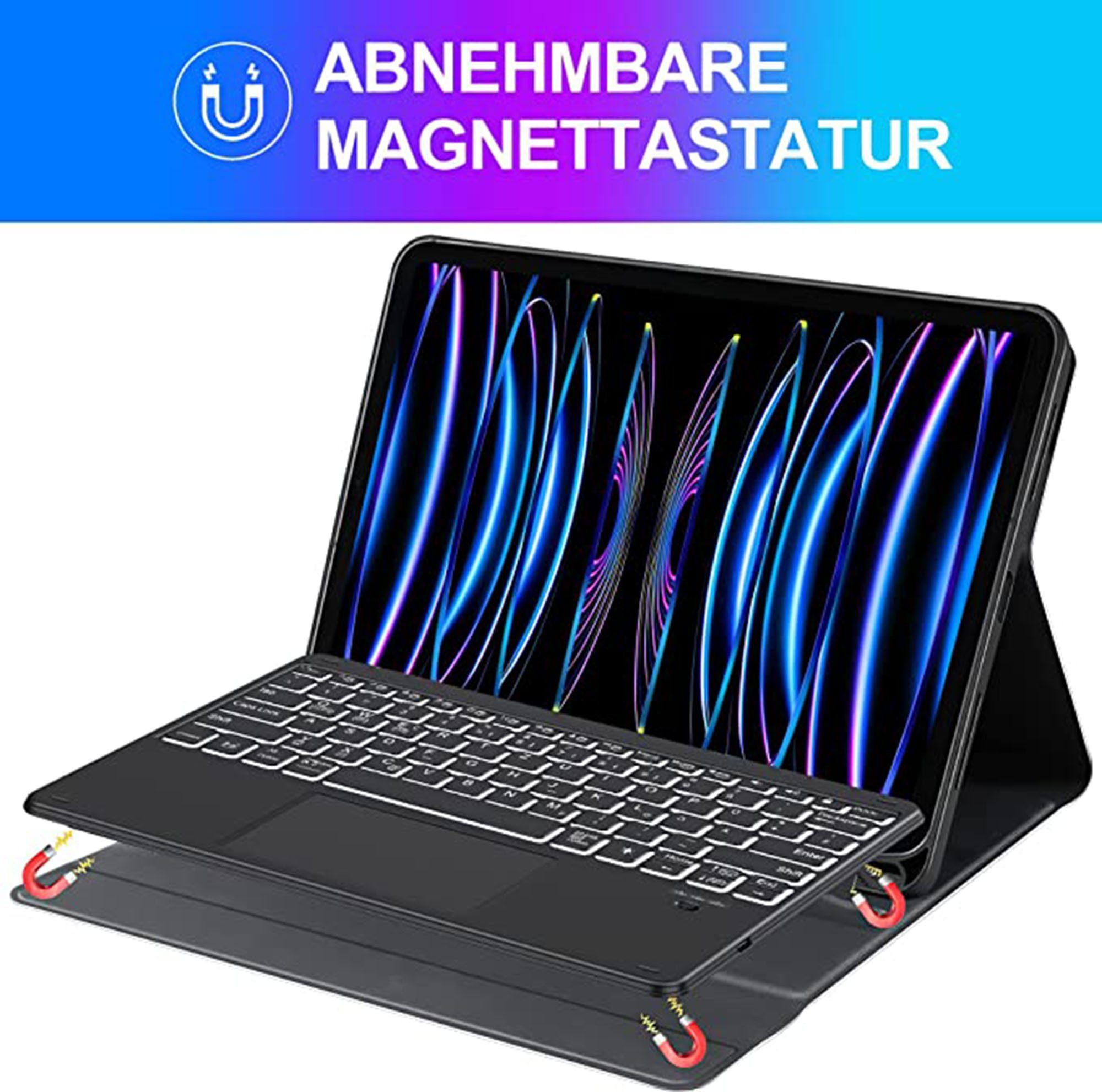 Tisoutec Tastatur Hülle für iPad Pro 12.9 mit Touchpad 2022/2021/2020/2018 Tablet-Tastatur (Kabellose Beleuchtete QWERTZ Tastatur für iPad 12.9(6/5/4/3.Generation)